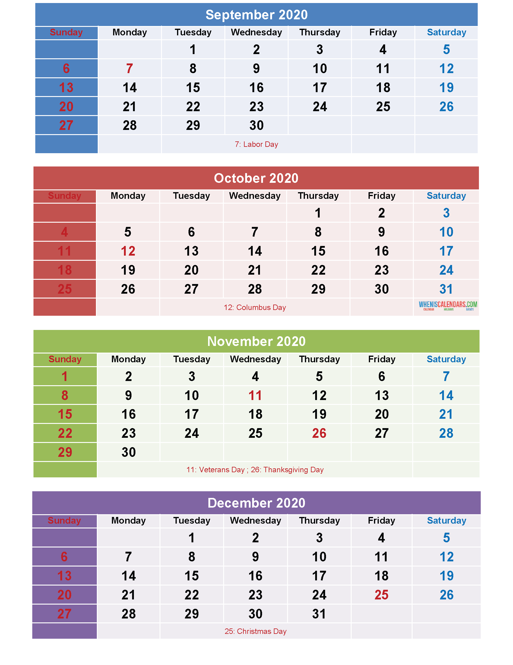 September October November December 2020 Calendar Printable Free Download