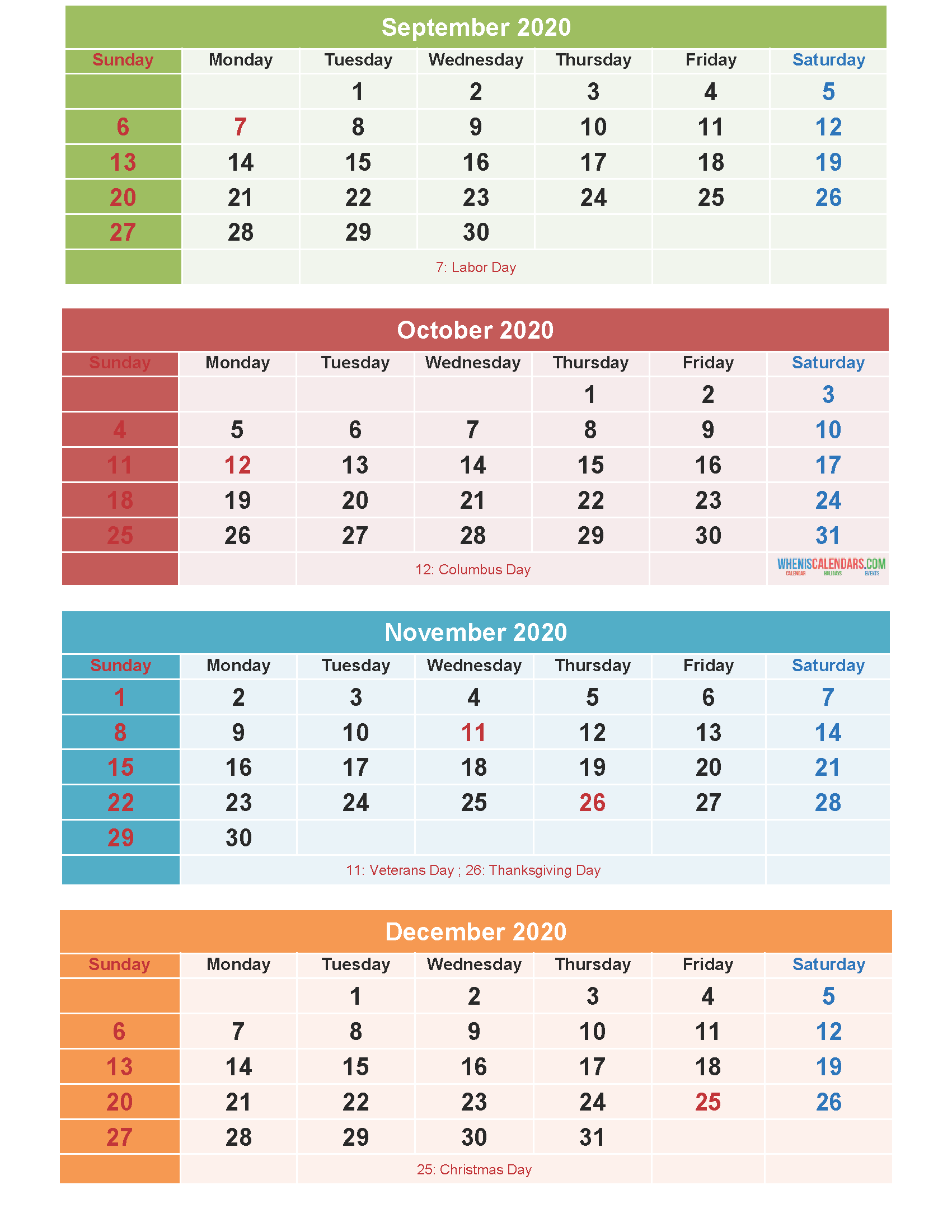 Calendar 2020 September October November December as Word, PDF, Image