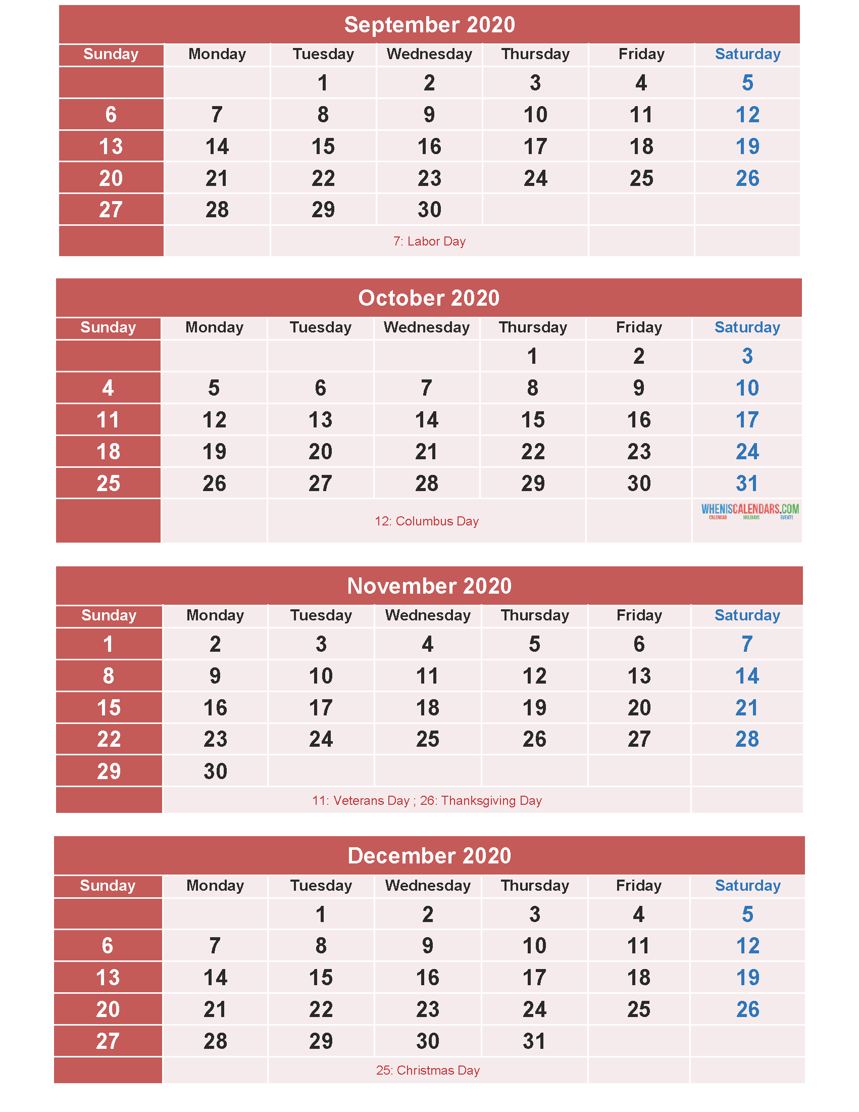 Printable Calendar 2020 September to December as Word, PDF, Image