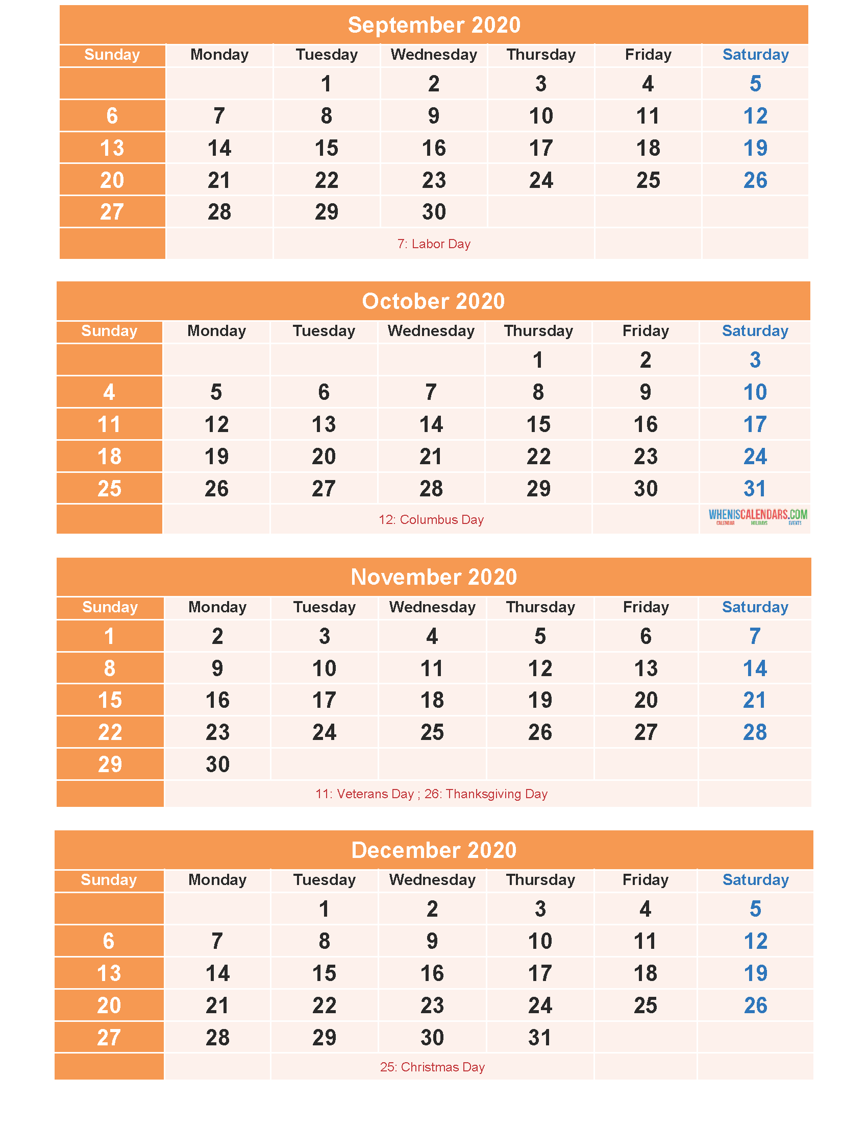 Printable Calendar 2020 September to December as Word, PDF, Image