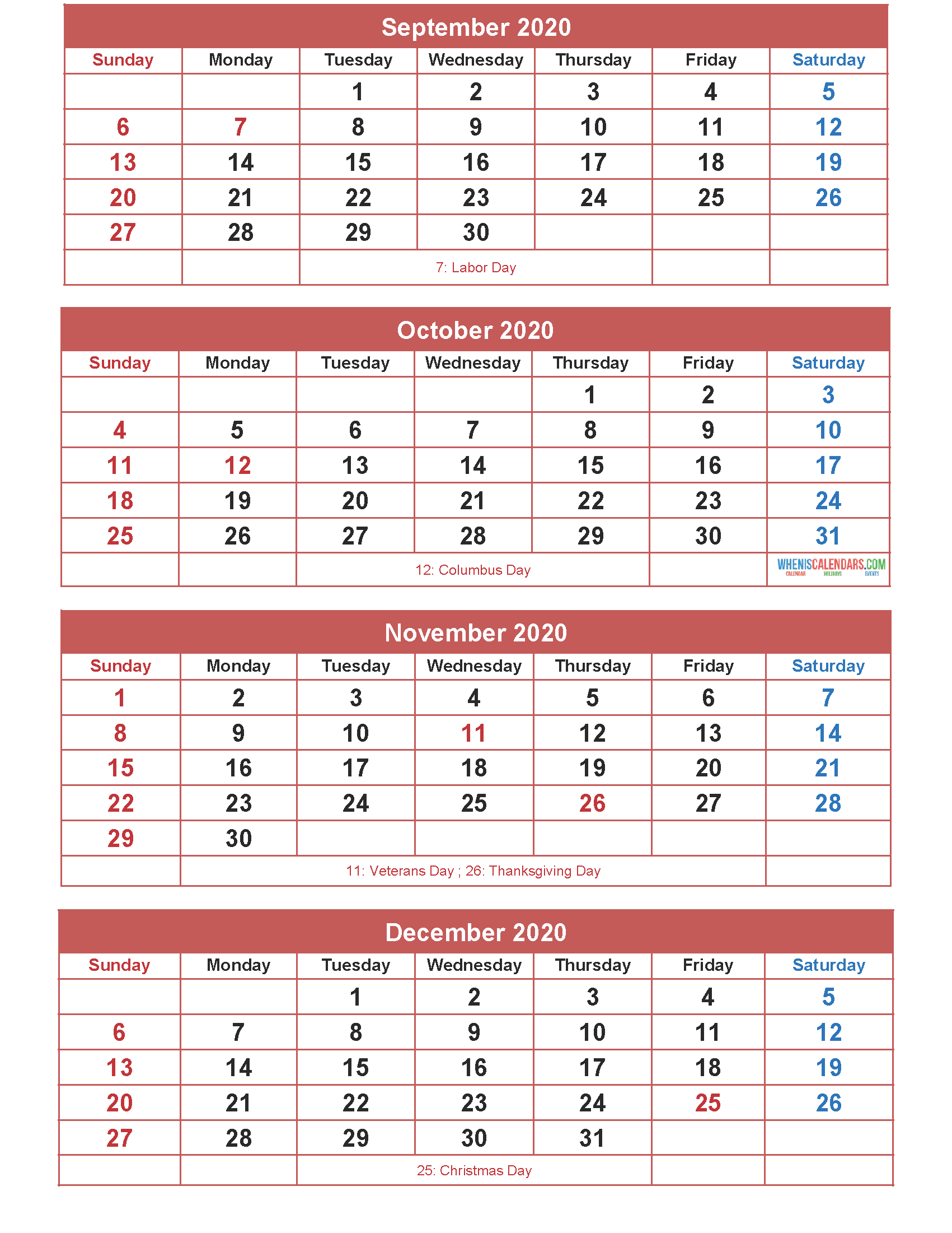 Free Calendar 2020 September October November December Printable