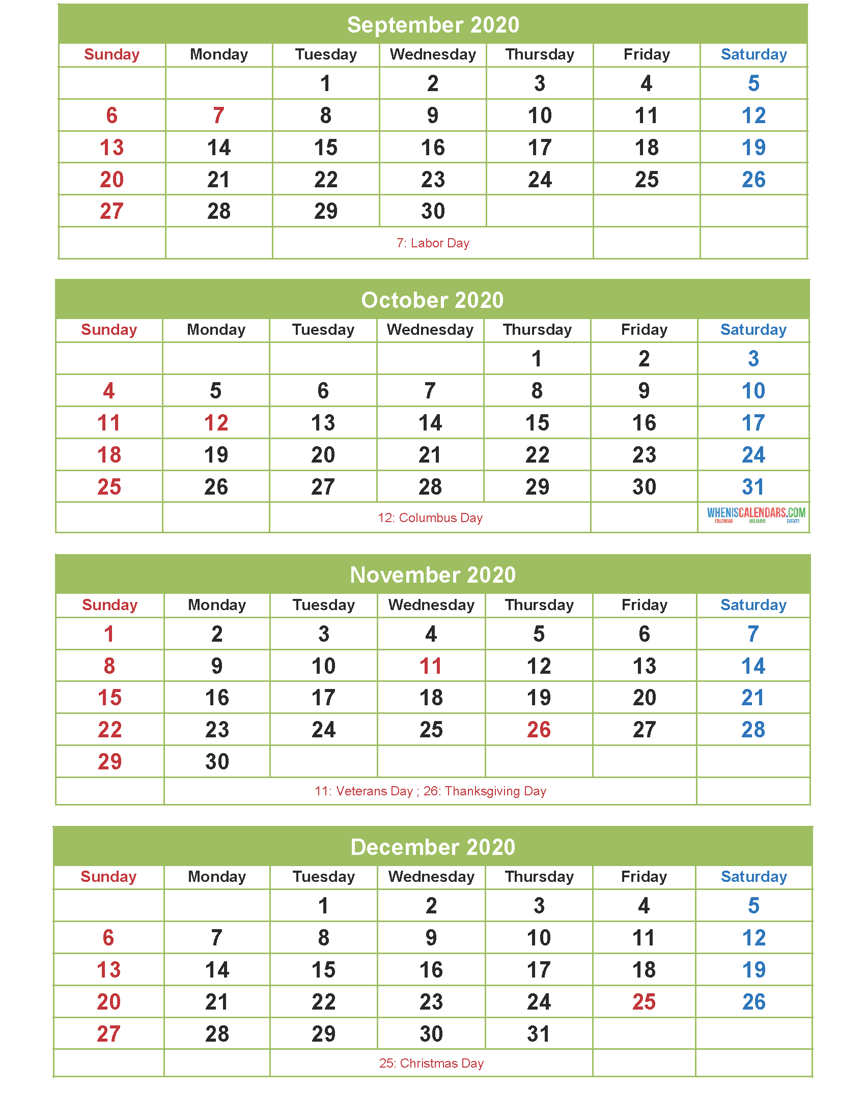 September October November December 2020 Calendar with Holidays