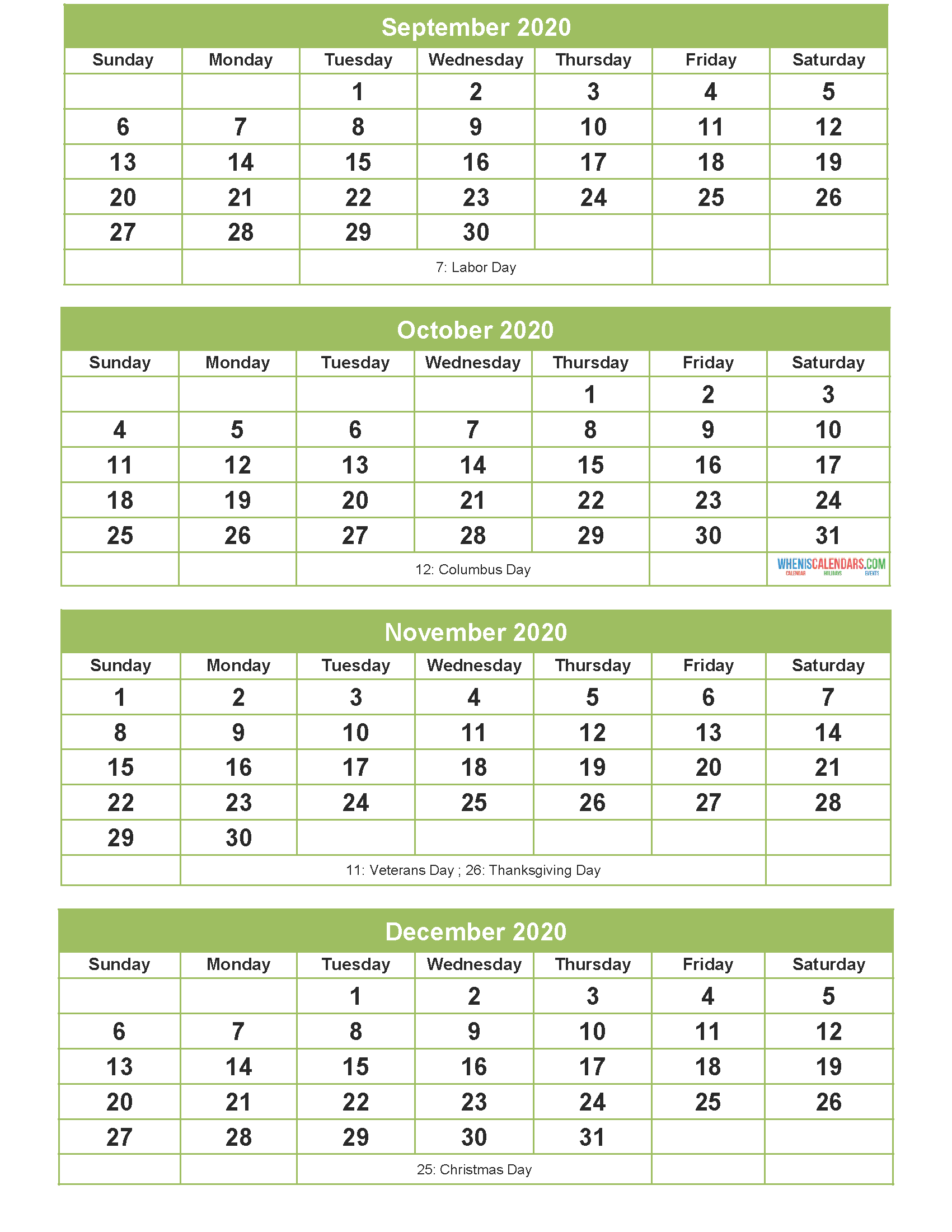 Printable Calendar 2020 September October November December Word, PDF, Image