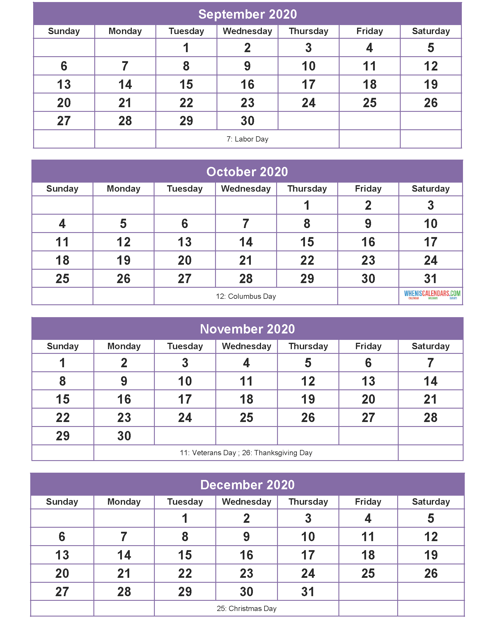 September October November December 2020 Calendar with Holidays for Free