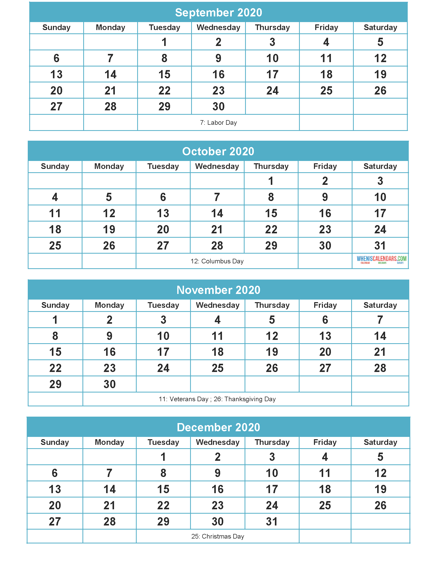 September to December 2020 Calendar Printable Free Download