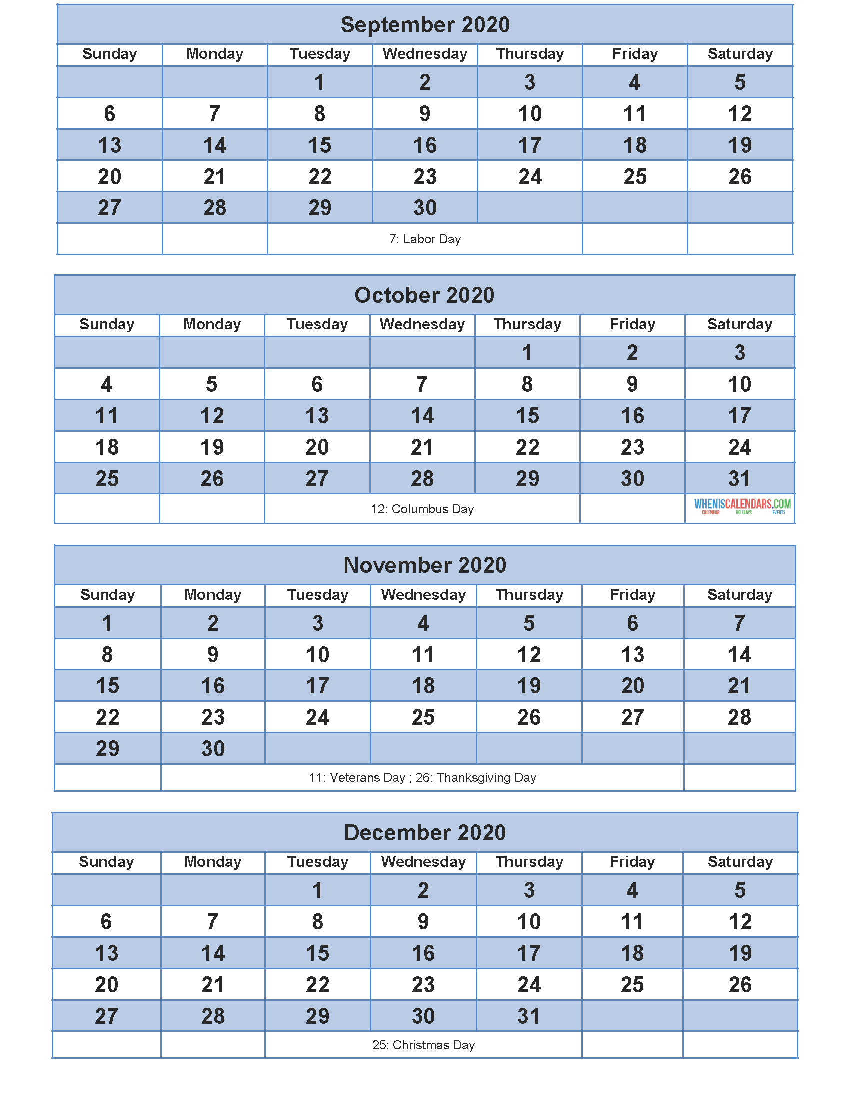 Printable Calendar 2020 September October November December Word, PDF, Image