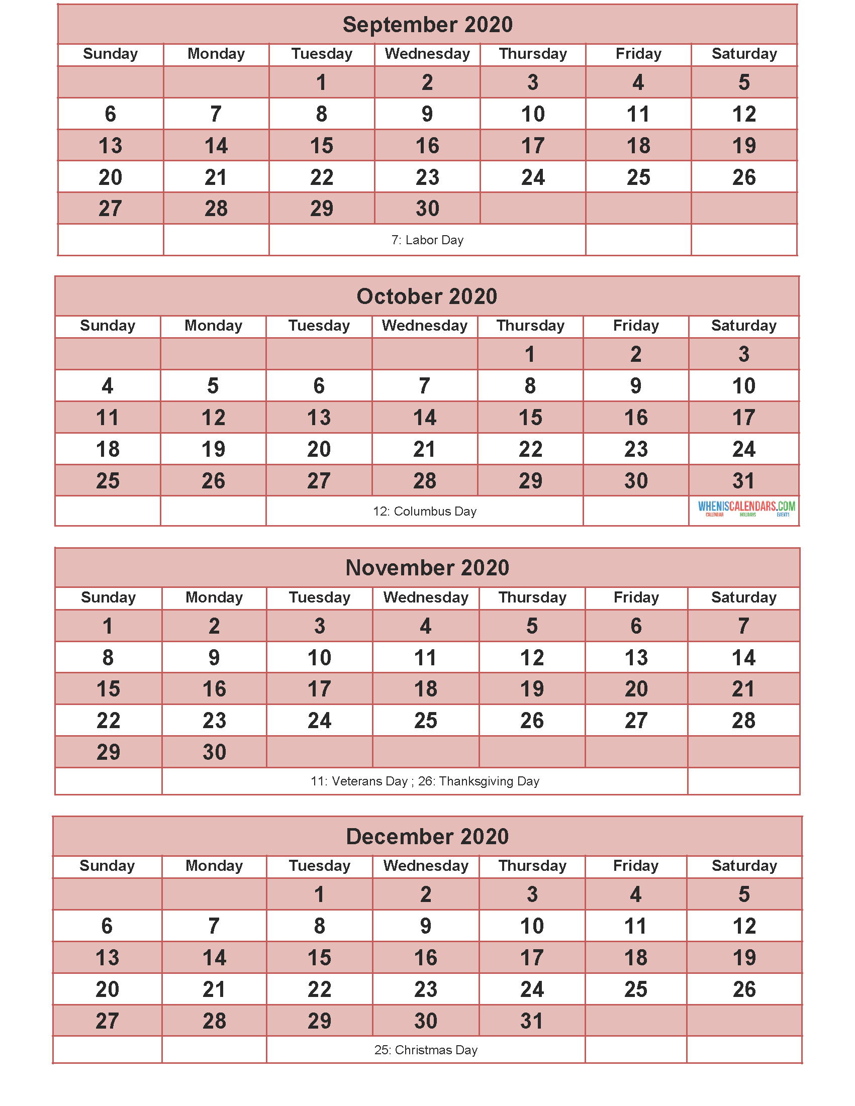 September October November December 2020 Calendar with Holidays for Free