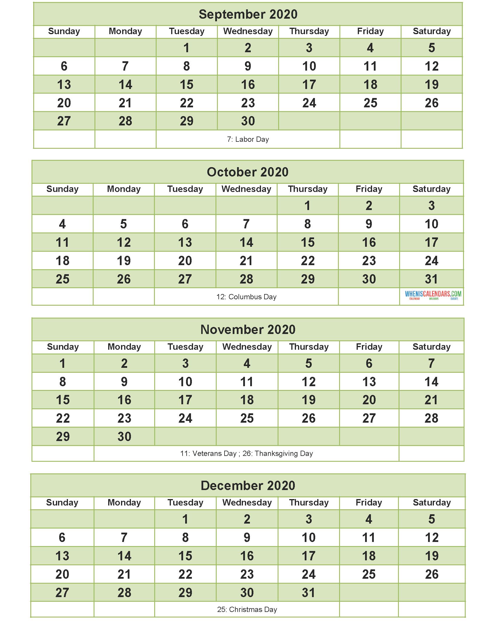 September to December 2020 Calendar Printable Free Download