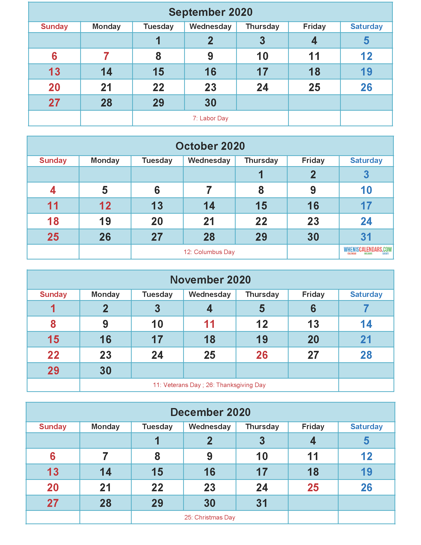 September October November December 2020 Calendar with Holidays