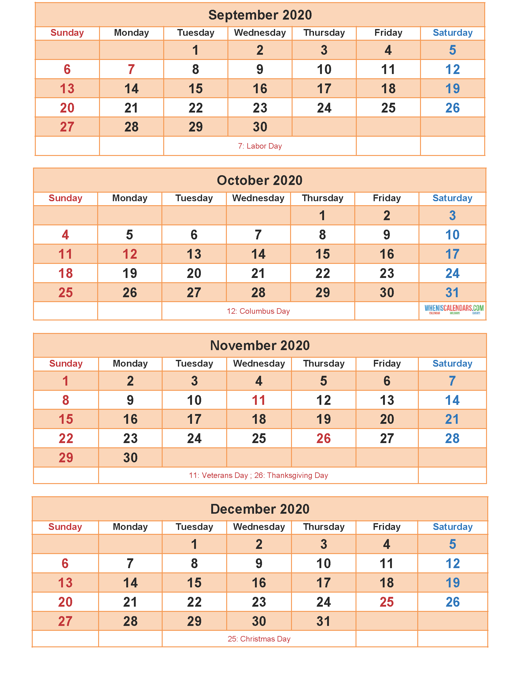 Calendar 2020 September October November December as Word, PDF, Image