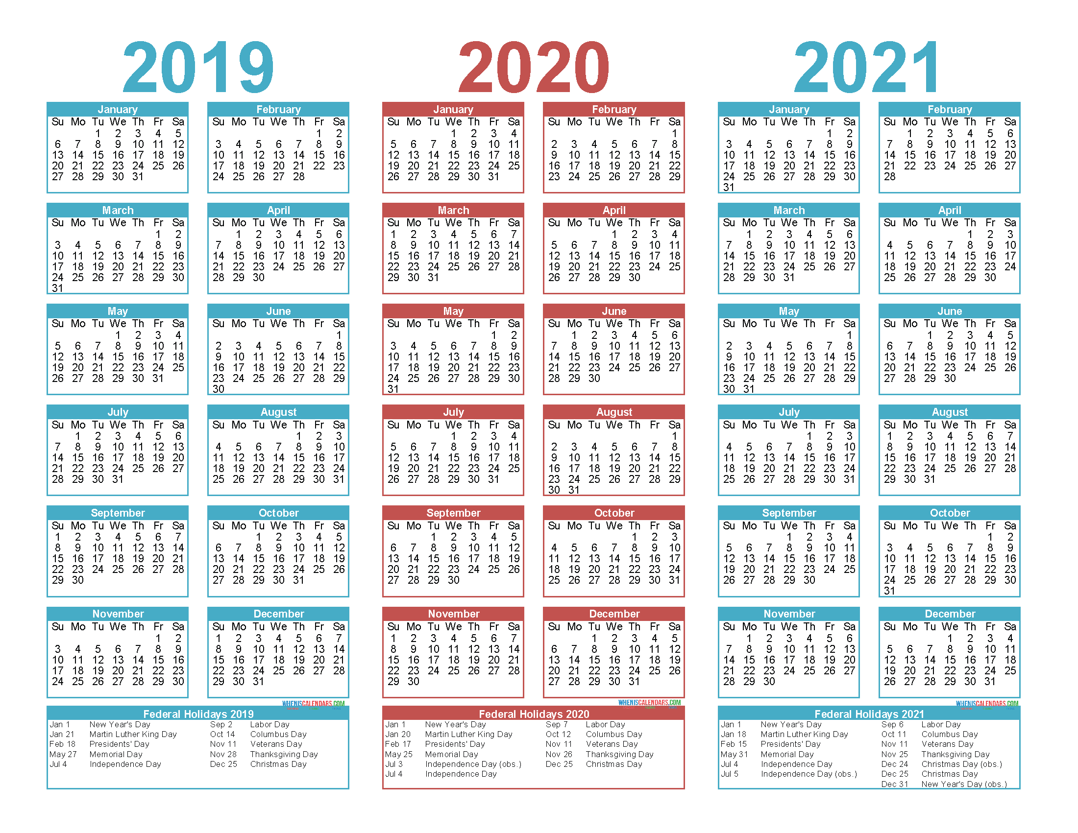 2019 and 2020 and 2021 Calendar Printable PDF, Word