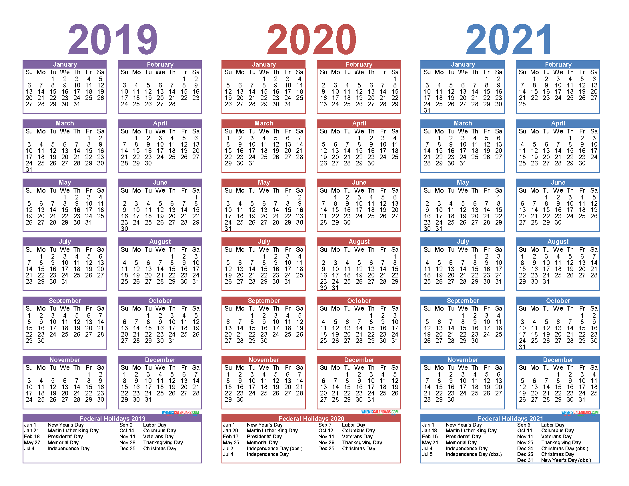 2019 2020 and 2021 Free Printable Calendar with Holidays