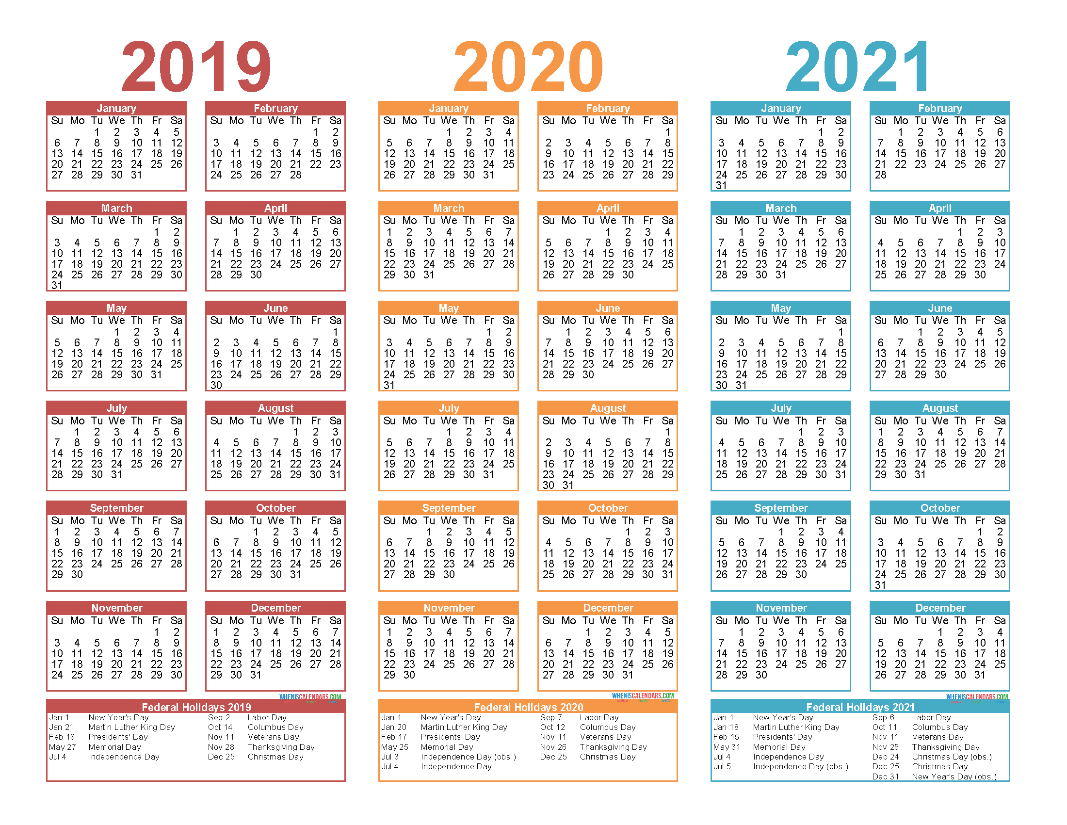 3 Year Calendar 2019 to 2021 Printable with Holidays