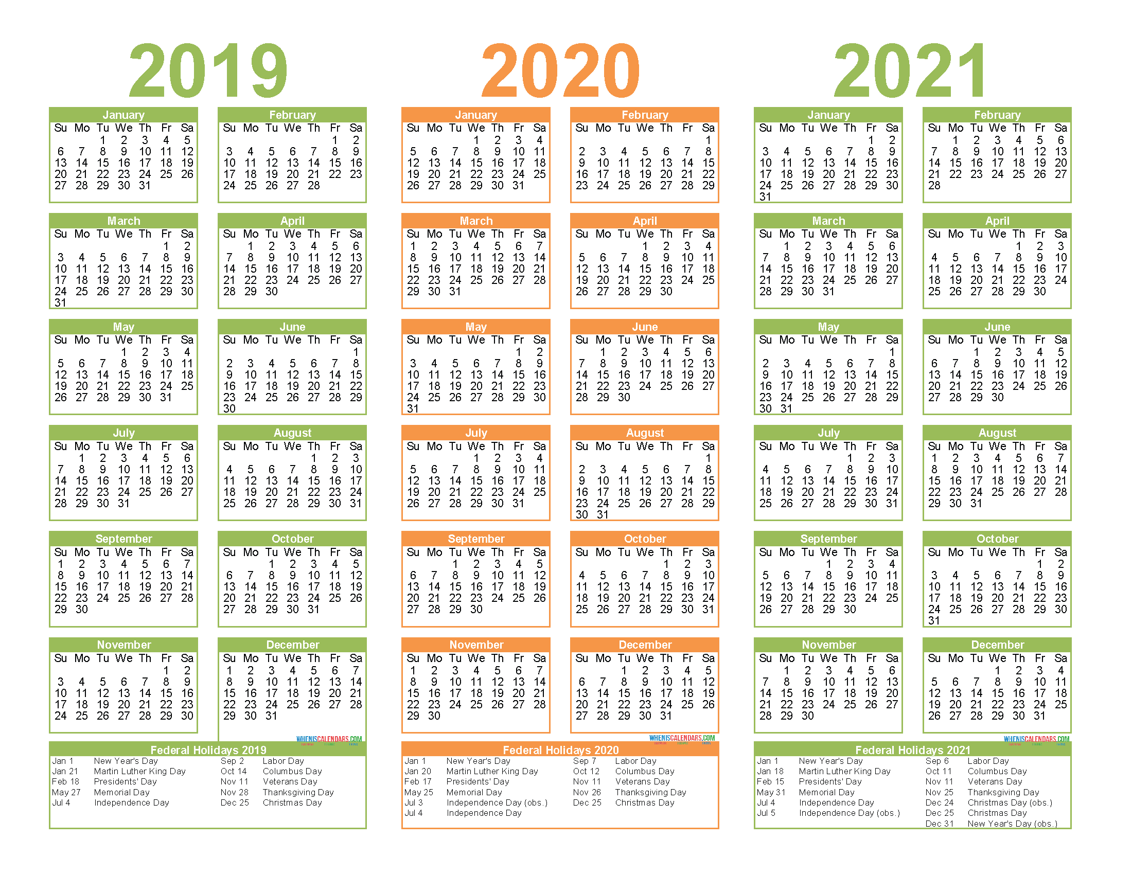 Free Printable 2019 2020 and 2021 Calendar with Holidays