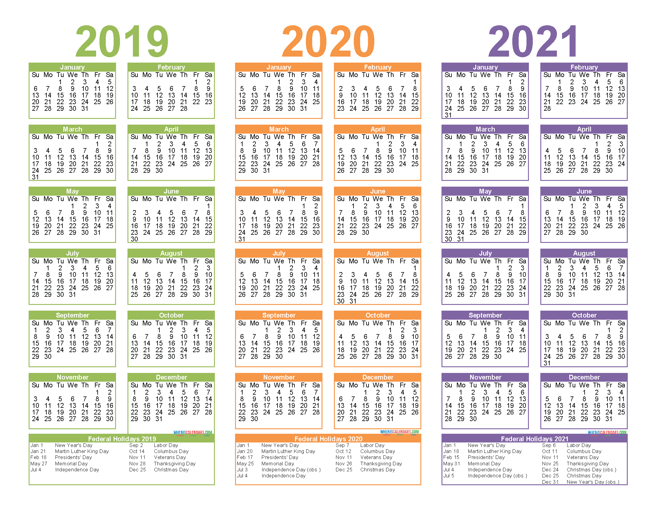 3 Year Calendar 2019 to 2021 Printable with Holidays 