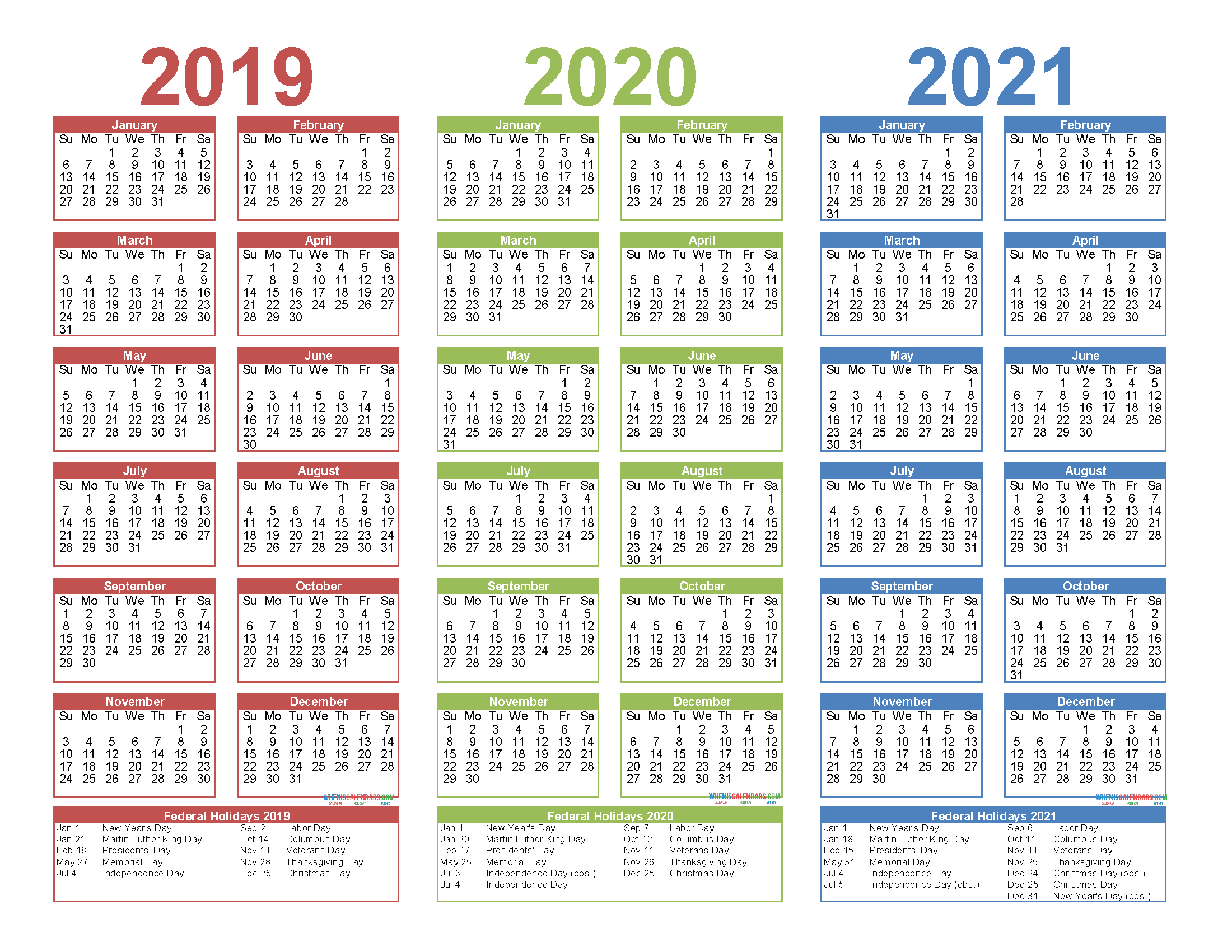 2019 2020 2021 Free Calendar Template 3 Year Calendar Printable