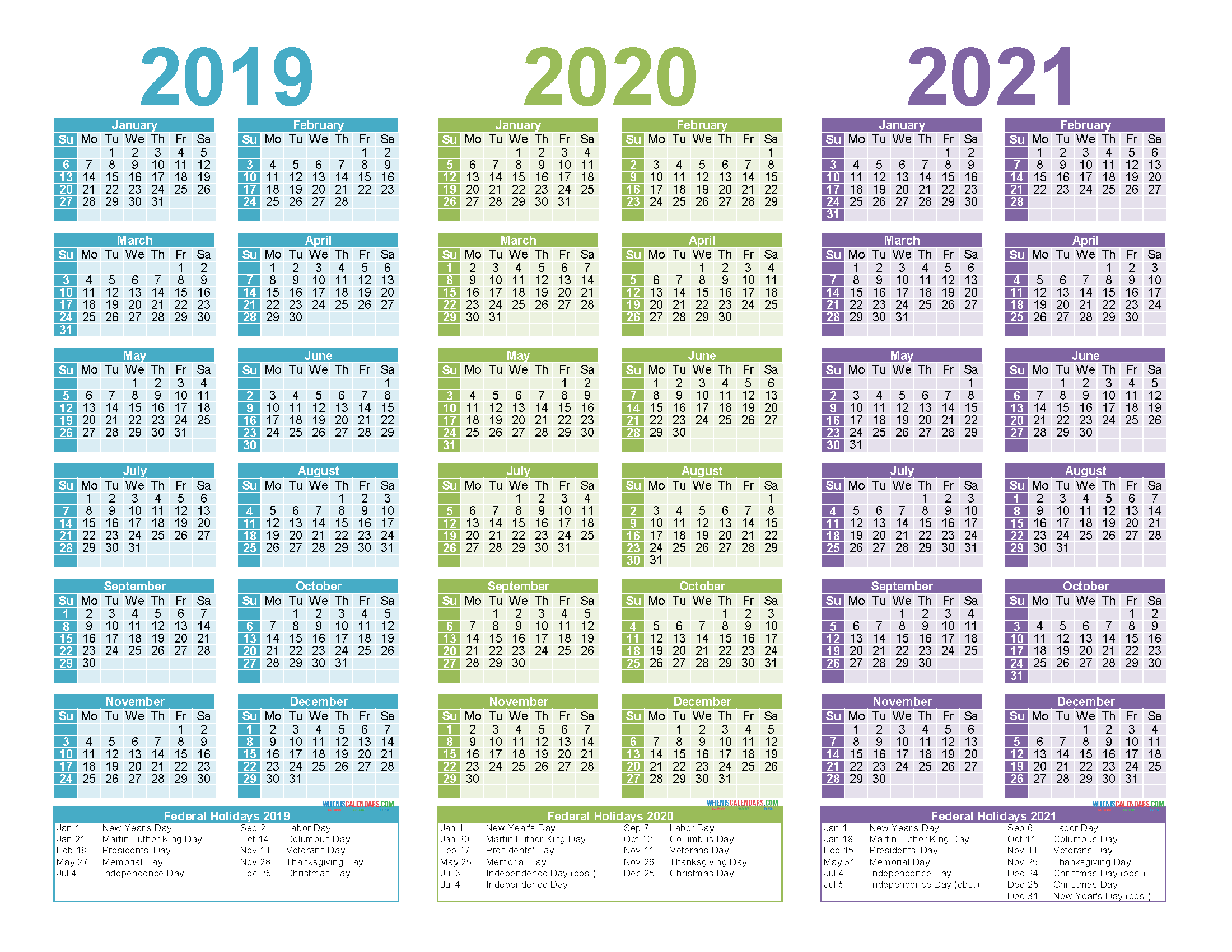 Free Printable 2019 2020 2021 Calendar with Holidays