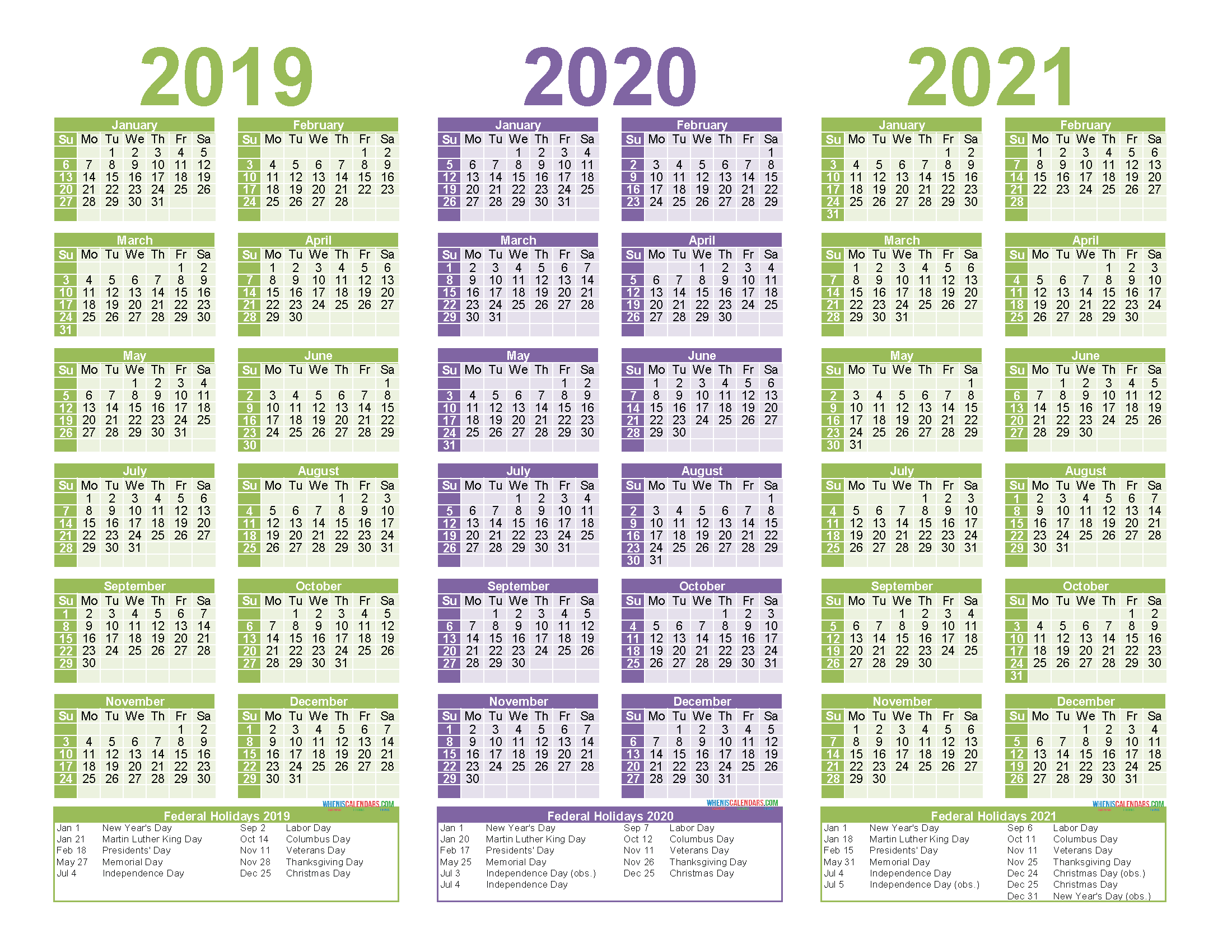 3 Year Calendar 2019 to 2021 Printable with Holidays 