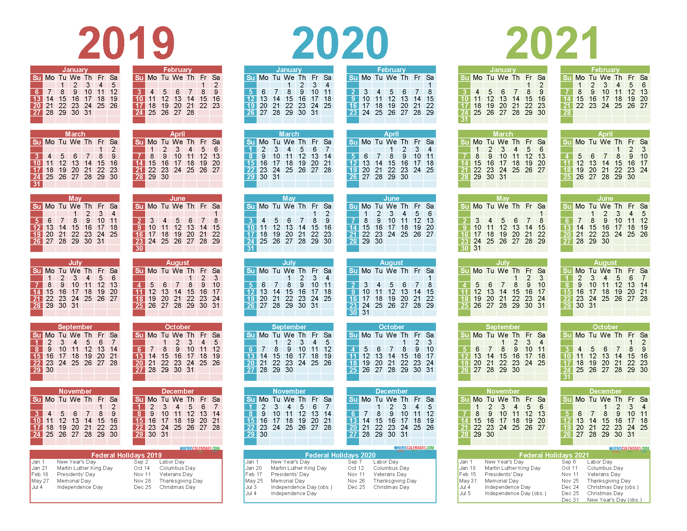 2019 2020 2021 Free Calendar Template 3 Year Calendar Printable