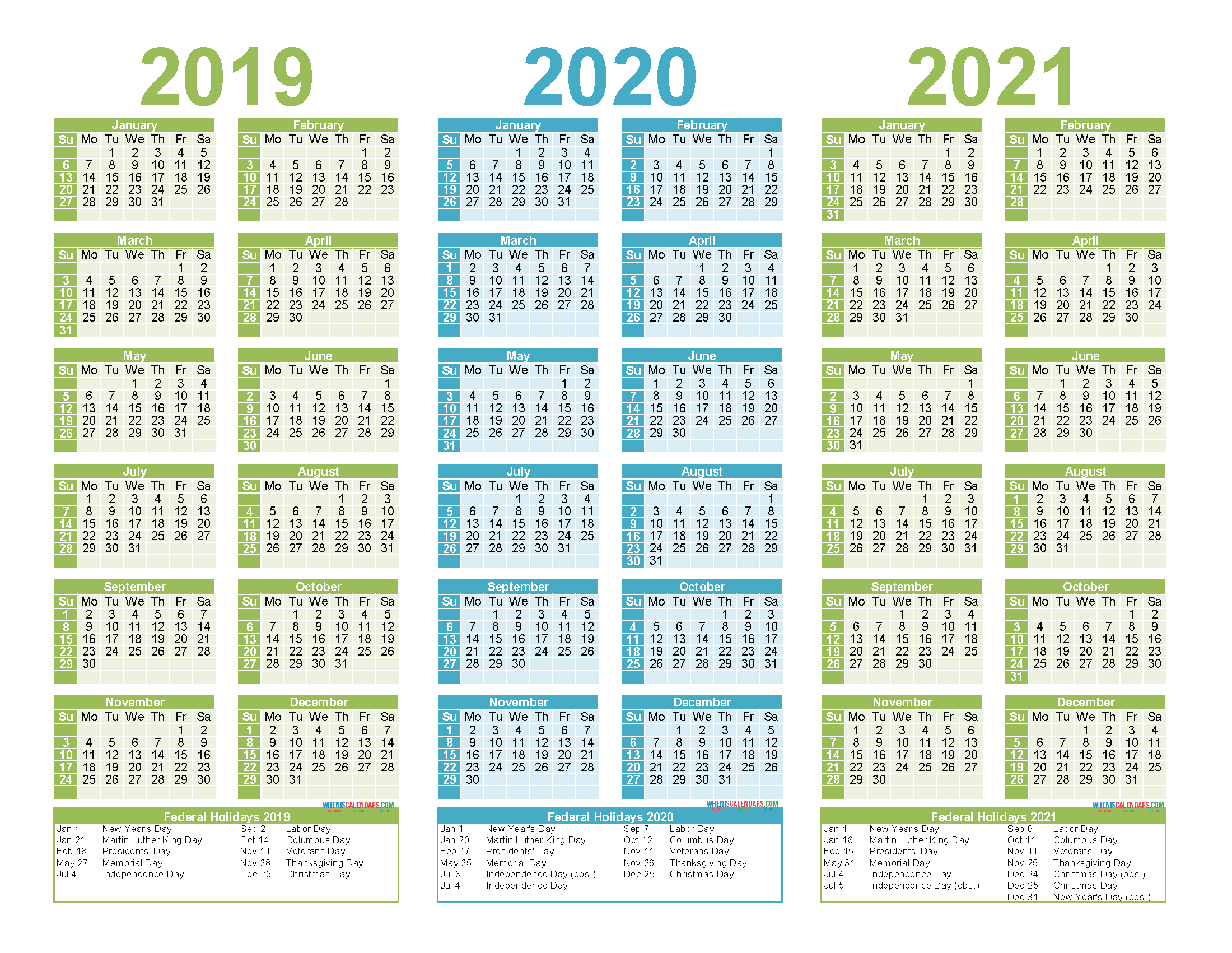2019 to 2021 Free Calendar Template 3 Year Calendar Printable
