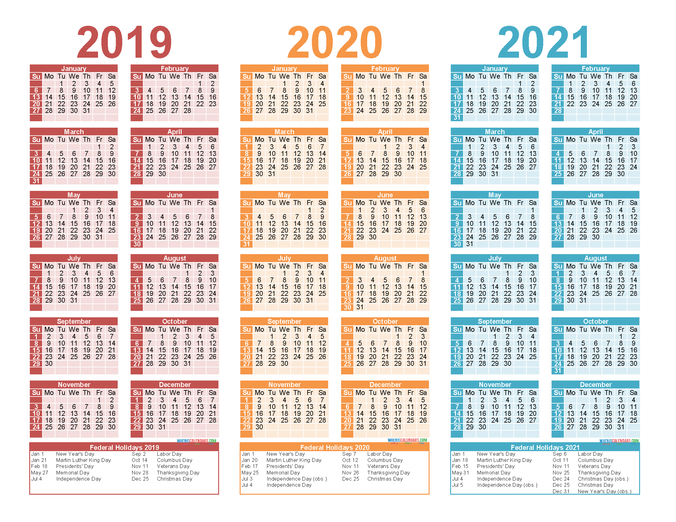 Free Printable 2019 2020 and 2021 Calendar with Holidays