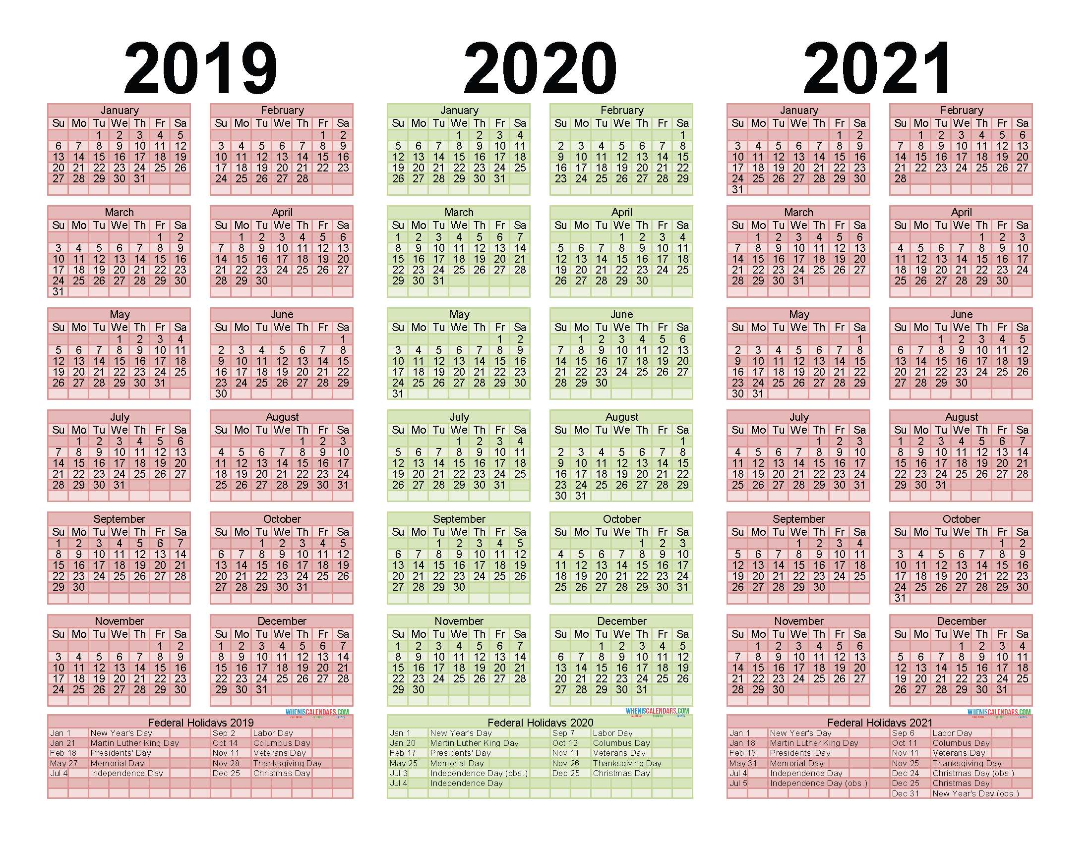 2019 2020 and 2021 Free Printable Calendar with Holidays