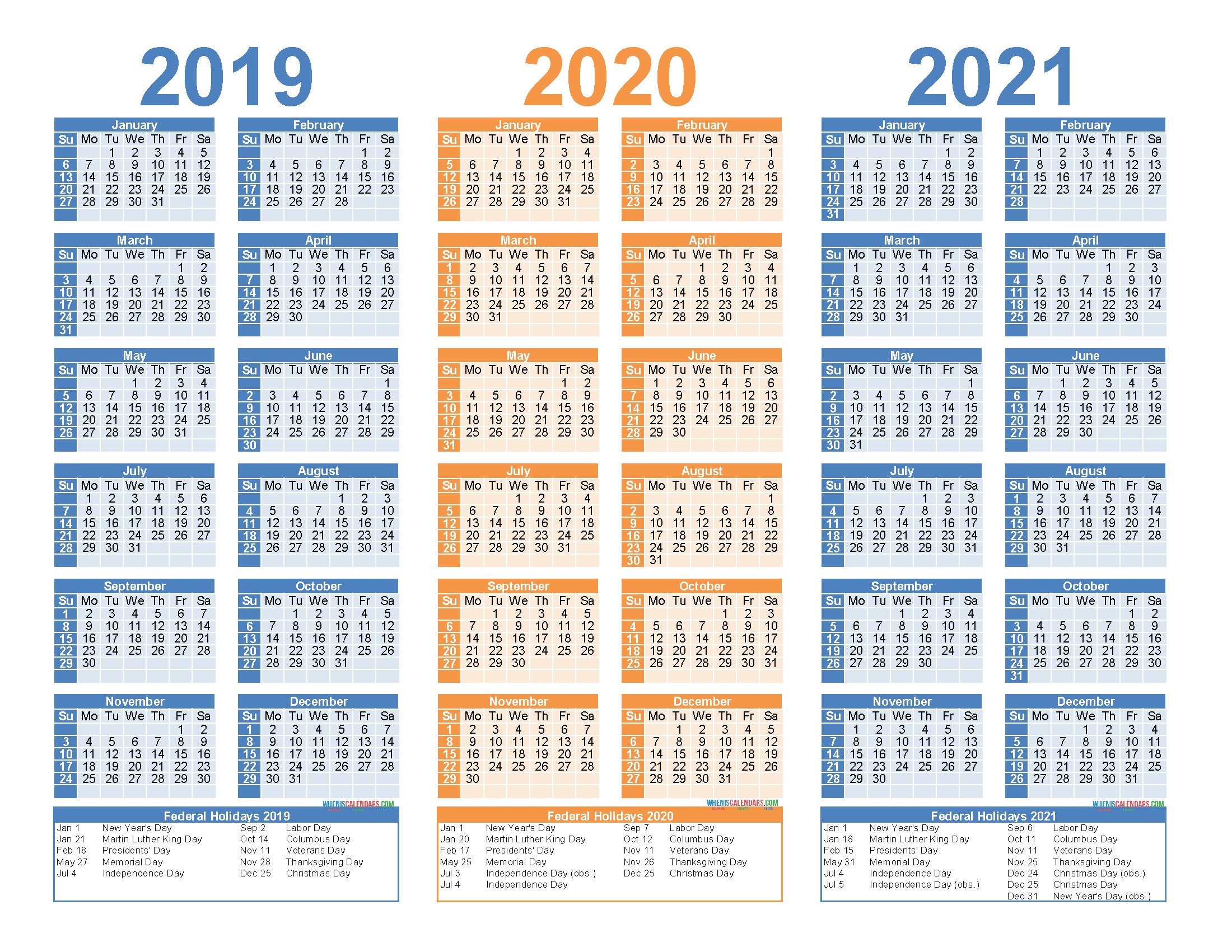2019 to 2021 Free Calendar Template 3 Year Calendar Printable