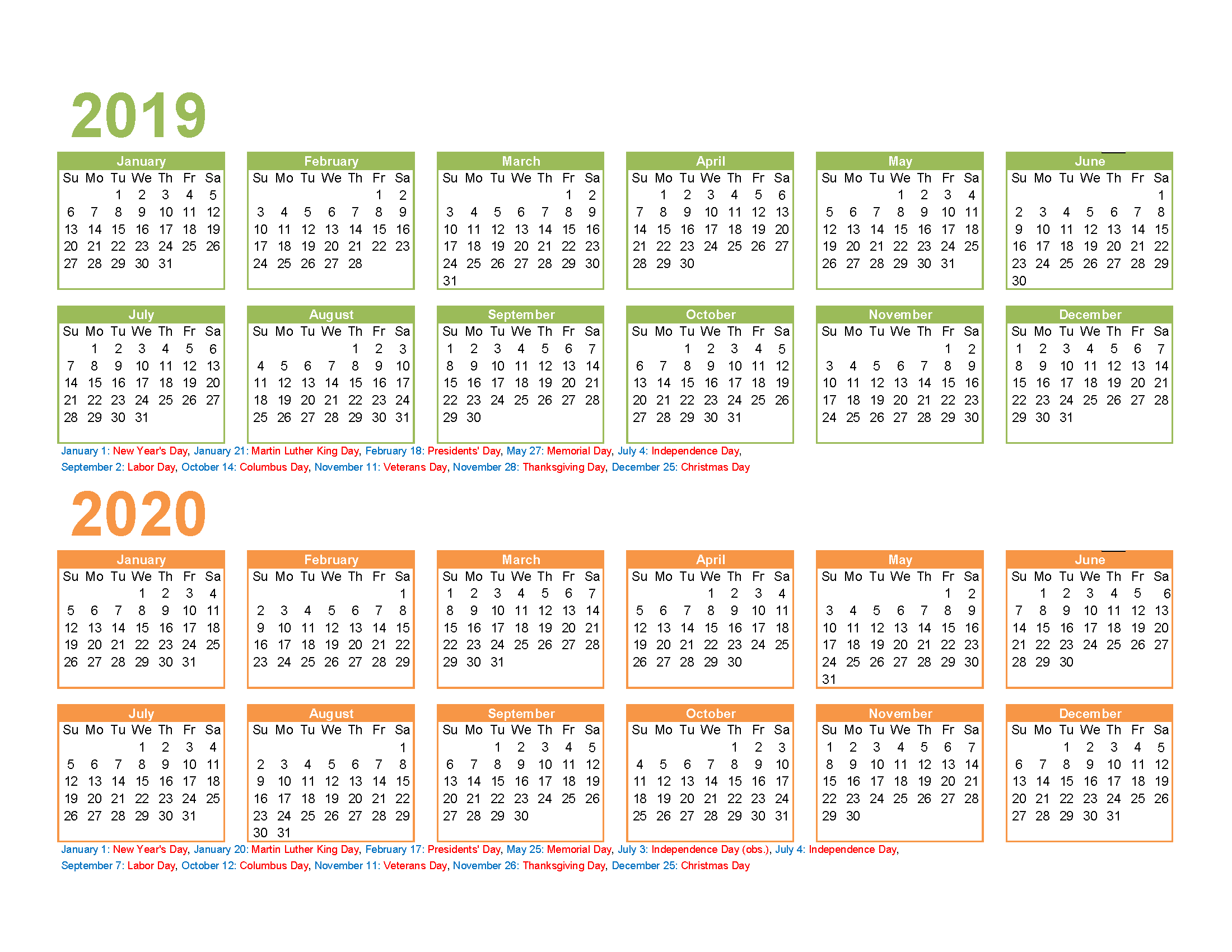 2019 and 2020 Printable Calendar with Holidays PDF, Excel