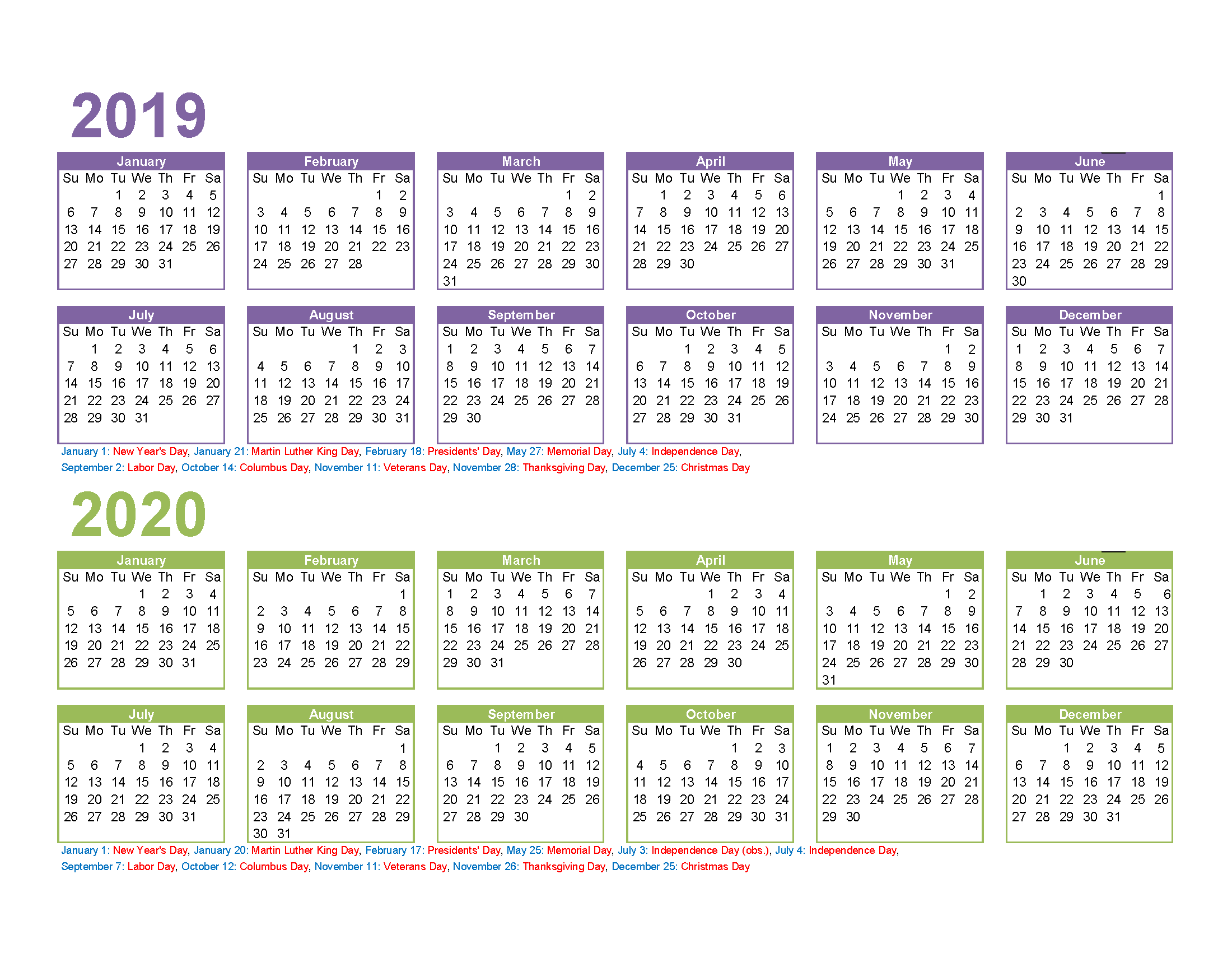 2019 and 2020 Monthly Calendar Printable Free Download