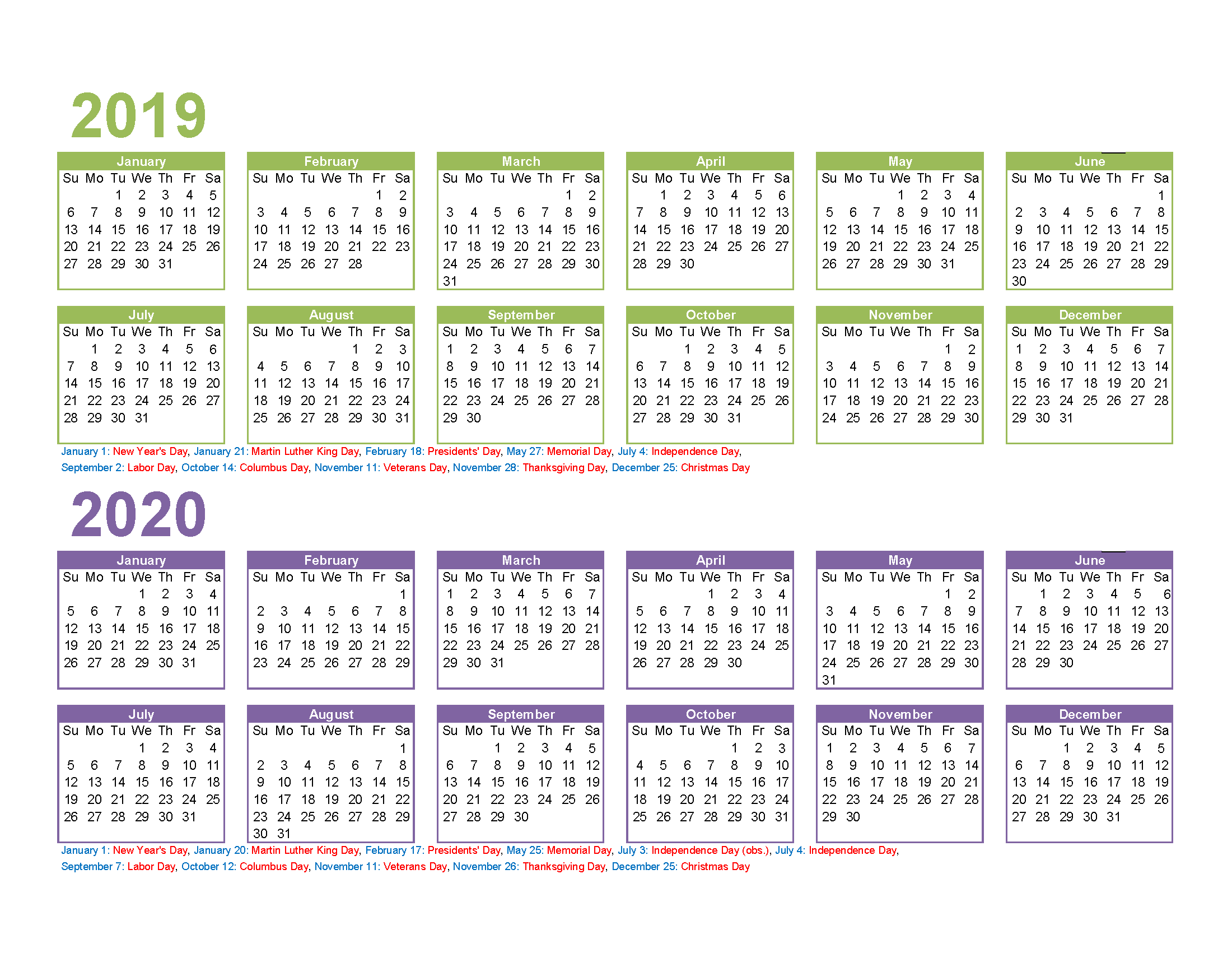 2019 and 2020 Calendar Printable with Holidays Excel, PDF