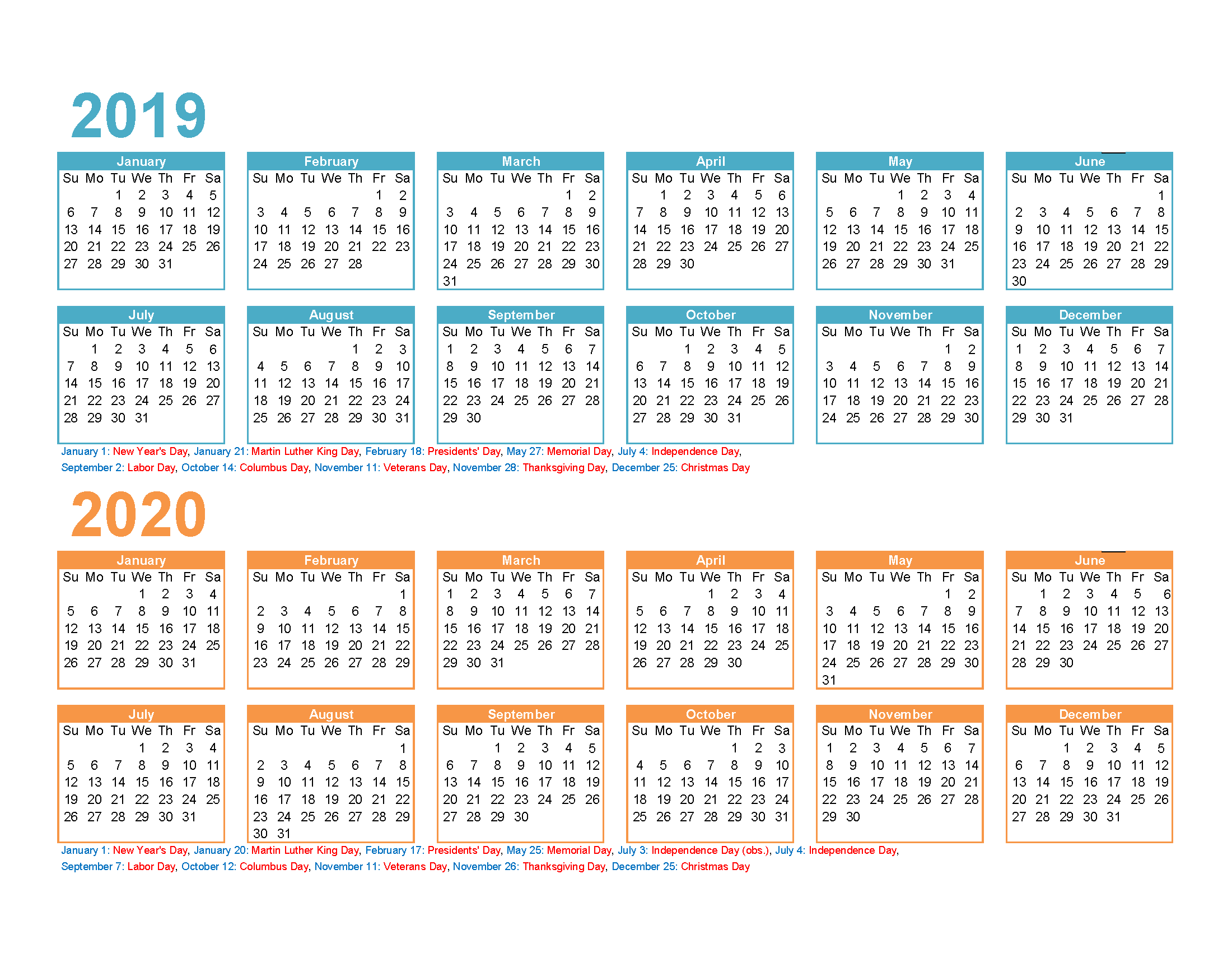 Free Printable 2019 2020 Calendar with Holidays