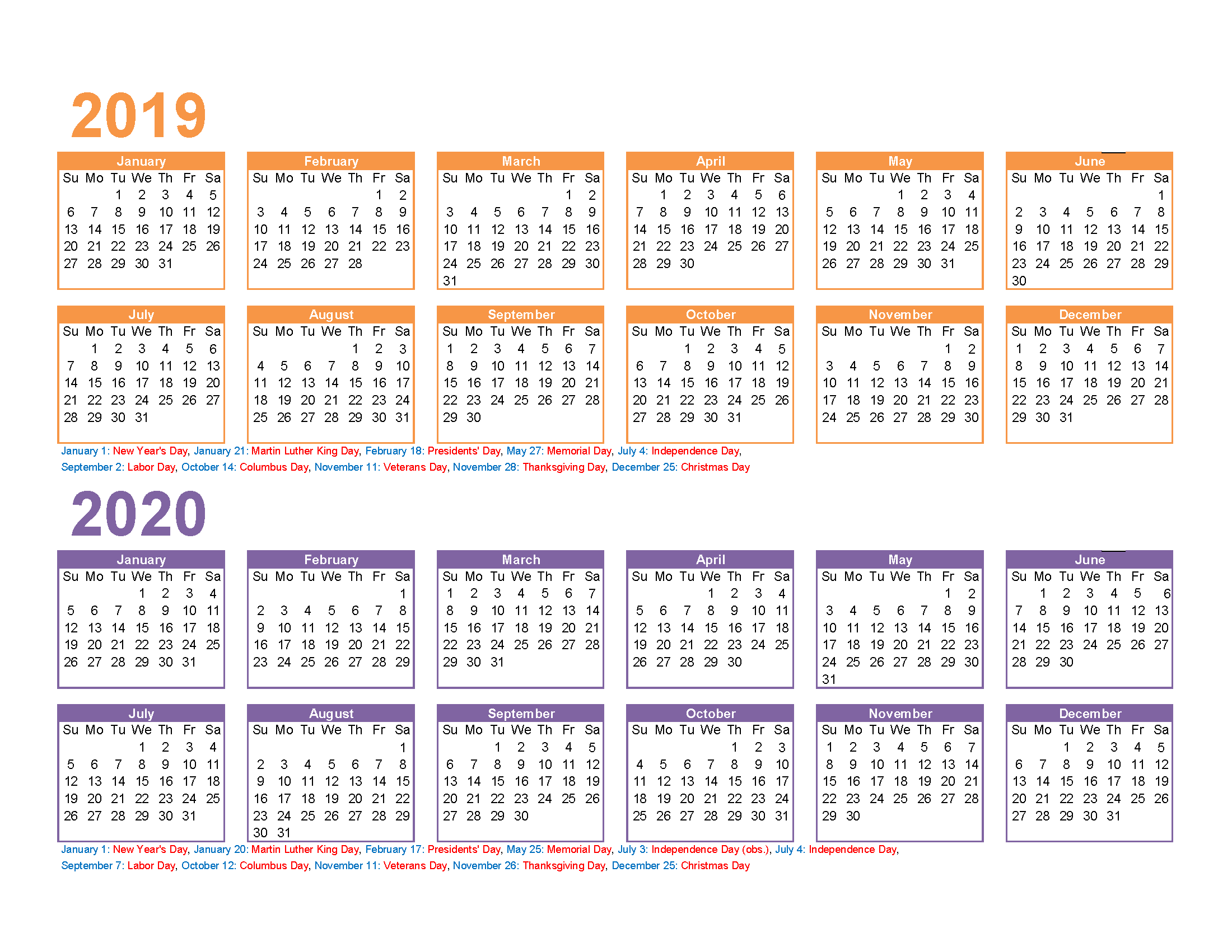 2019 2020 Printable Calendar with Holidays PDF, Excel