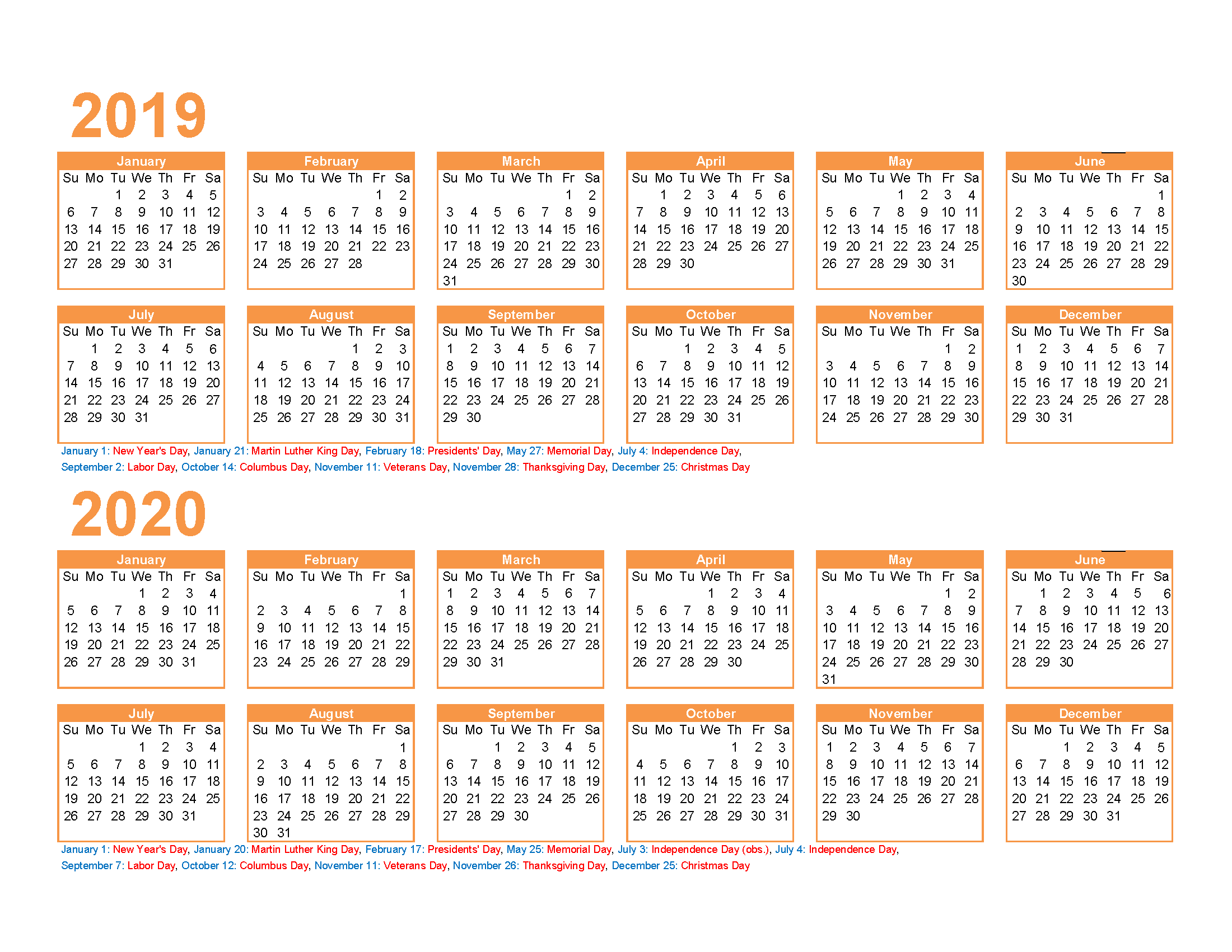 Free Printable 2019 and 2020 Calendar with Holidays