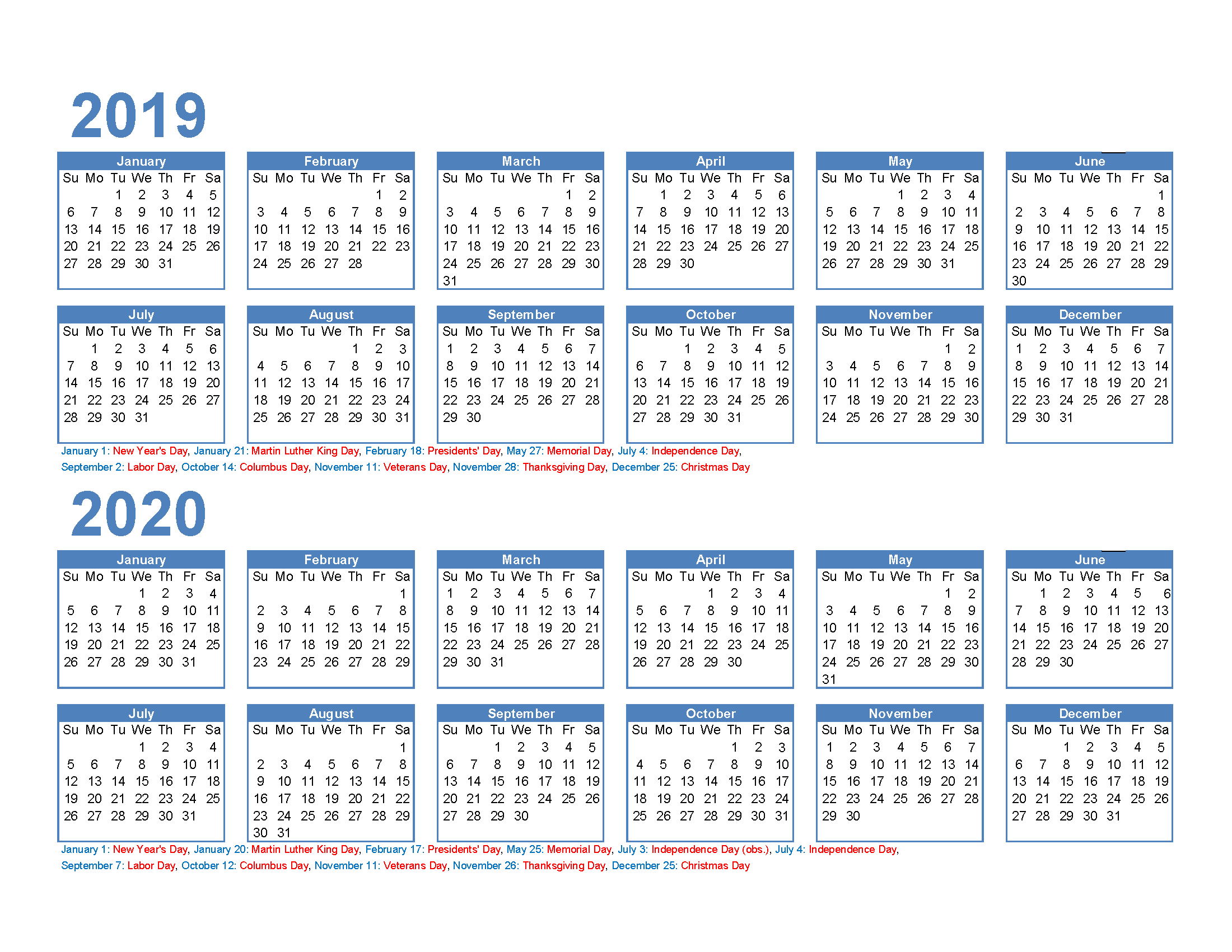 2019 and 2020 Calendar Printable Excel, PDF, Image