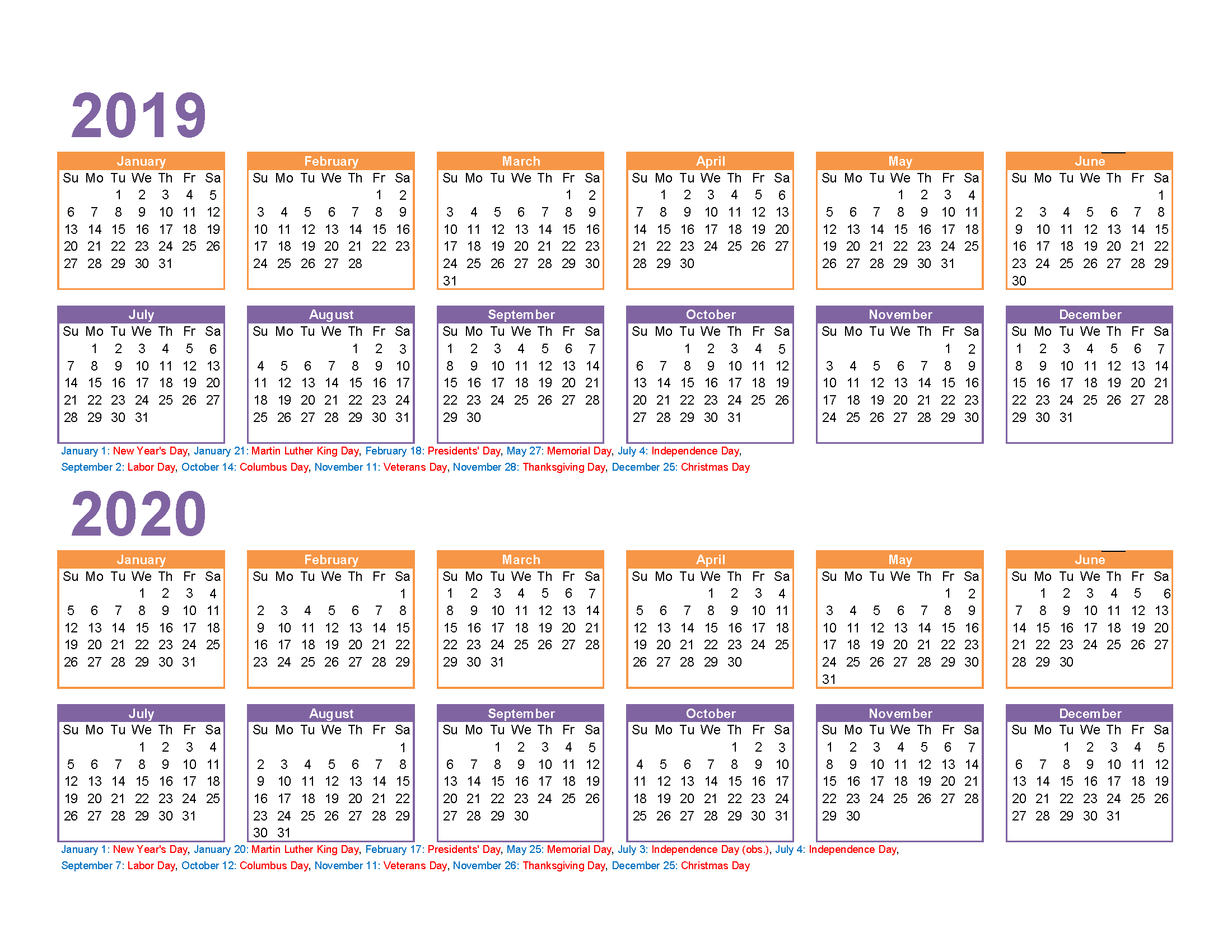 2019 and 2020 Monthly Calendar Printable Free Download