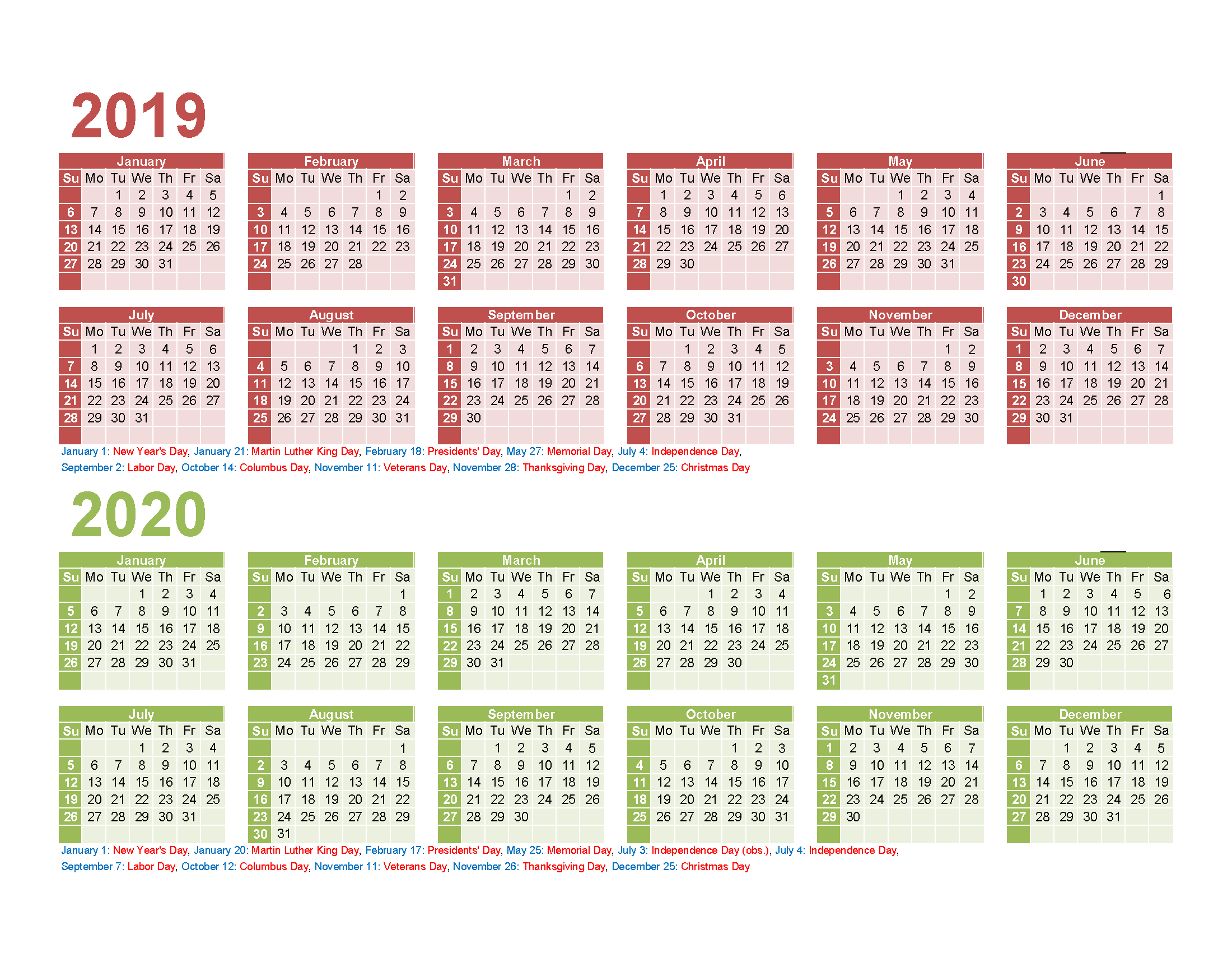 Free Printable 2019 2020 Calendar with Holidays