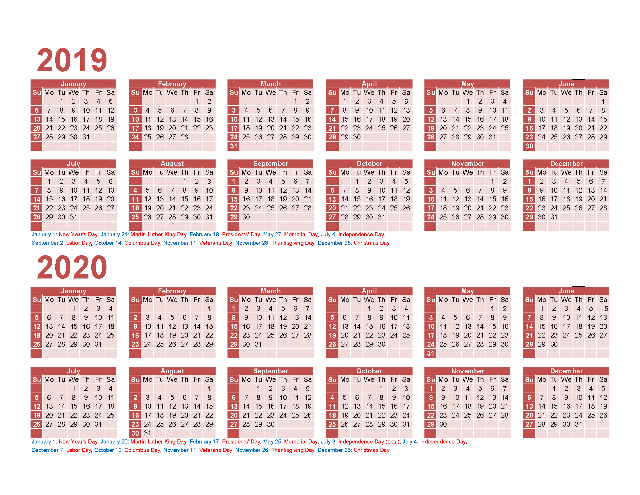2 Year Calendar Printable 2019 2020 Excel, PDF, Image