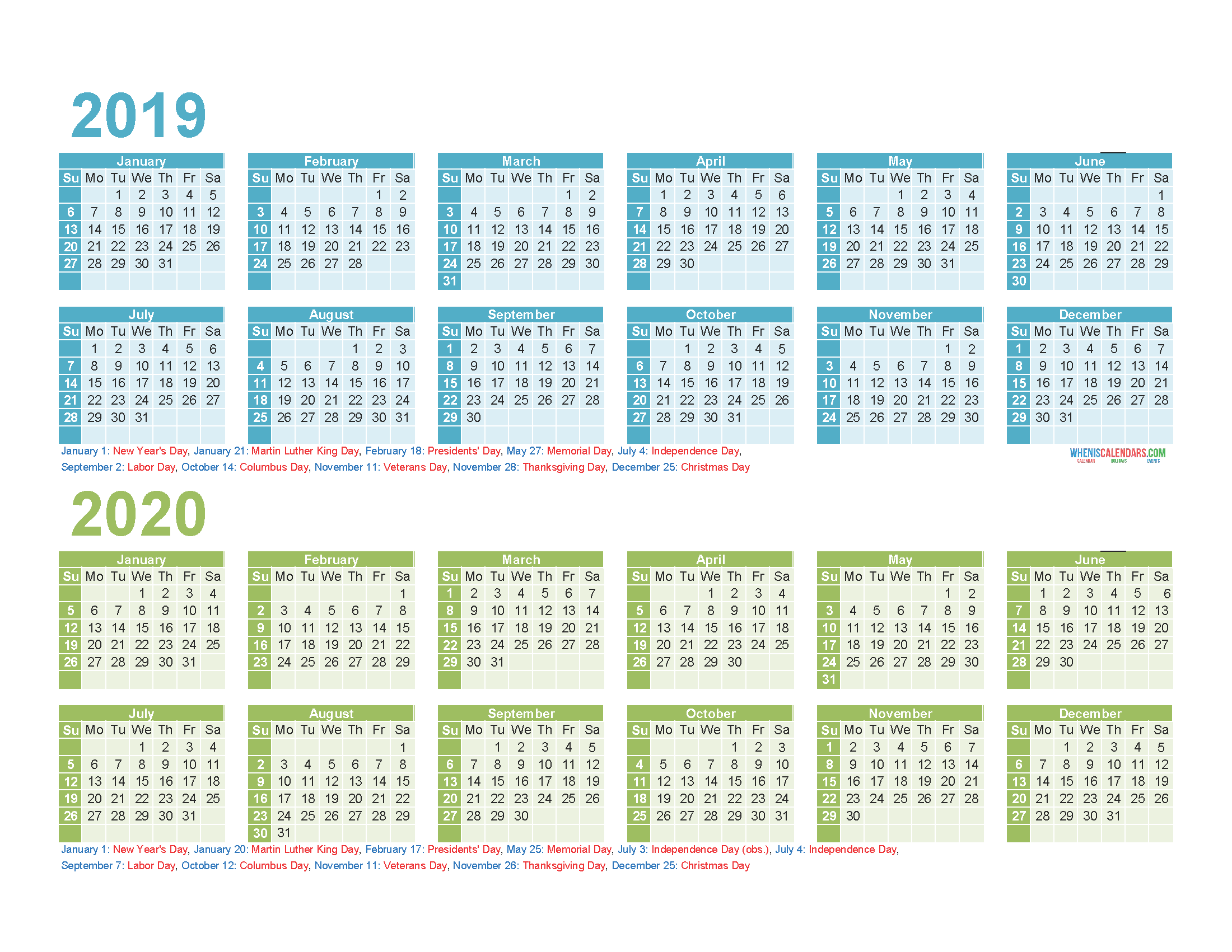 2 Year Calendar Printable 2019 2020 Excel, PDF, Image