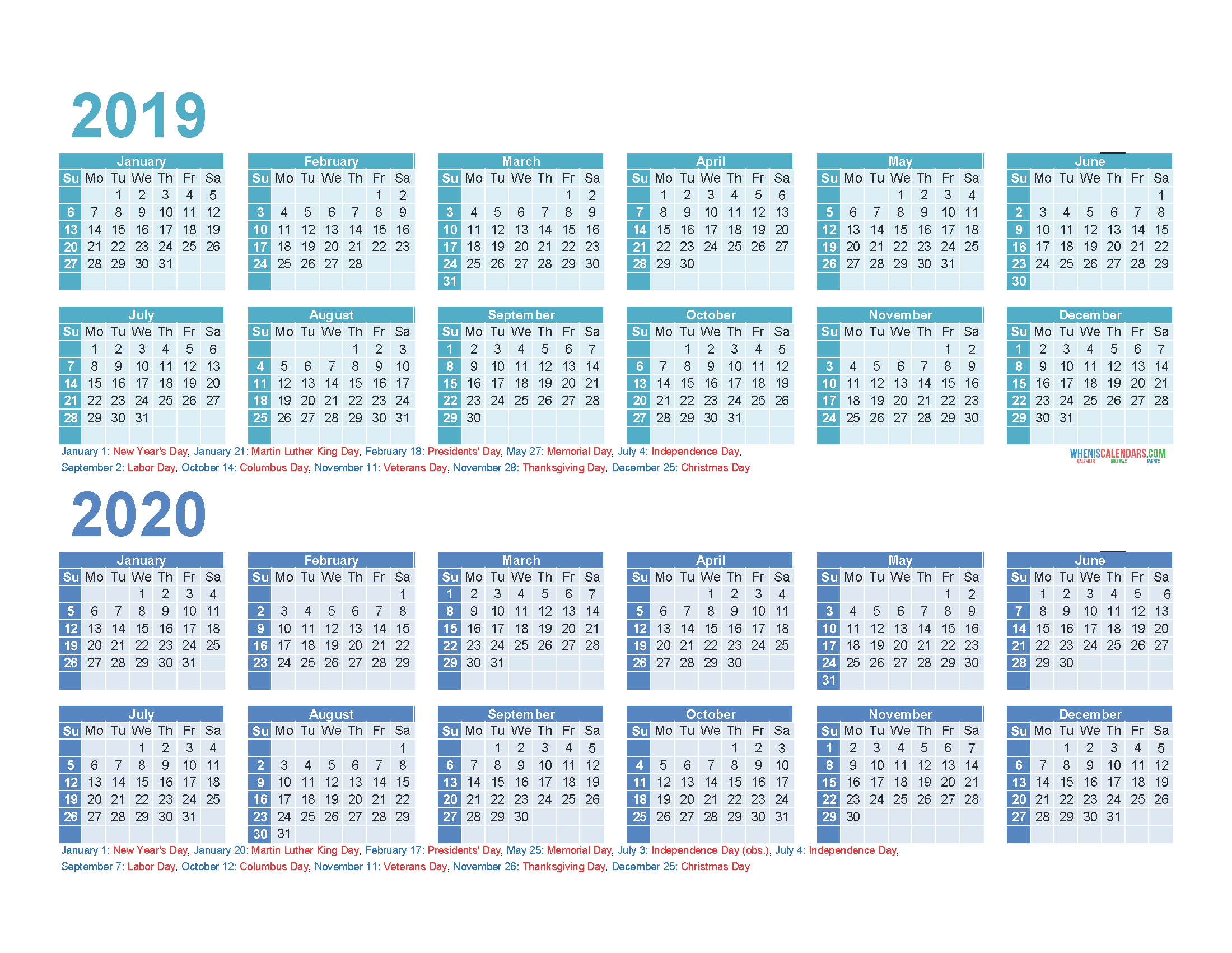 Free Printable 2019 and 2020 Calendar with Holidays