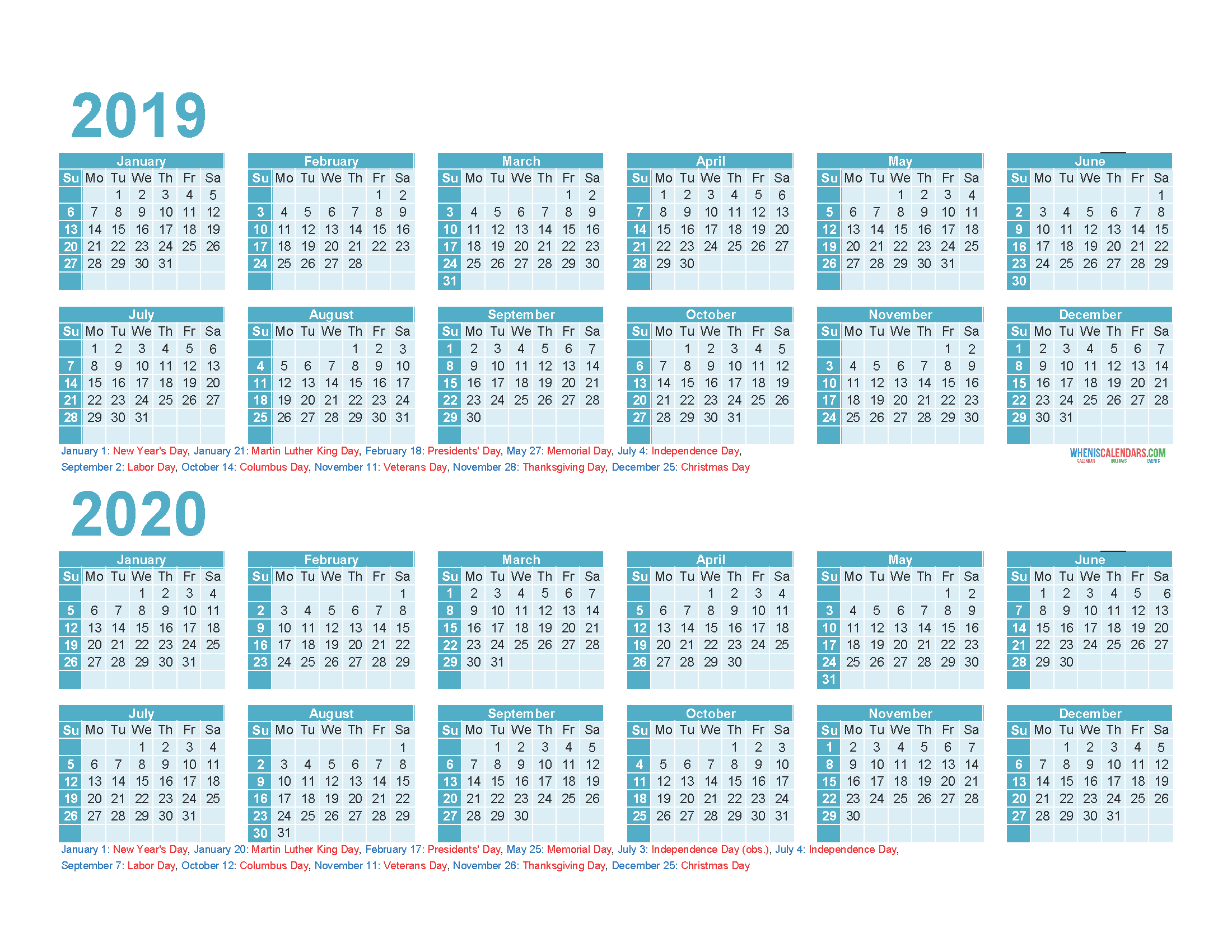 Free 2019 and 2020 Calendar Printable 2 Year Calendar