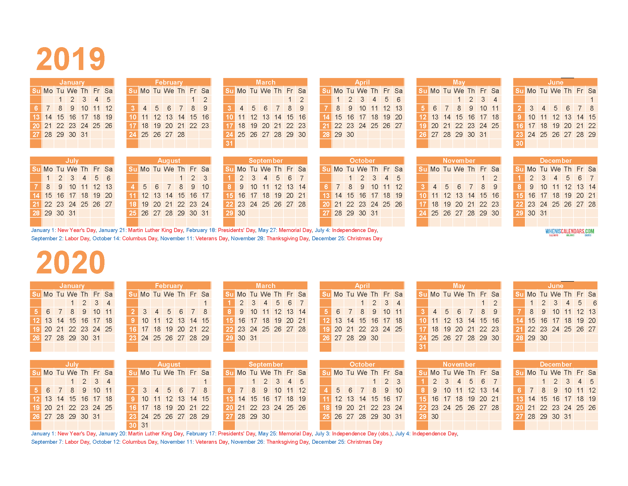 2019 2020 Printable Calendar with Holidays PDF, Excel
