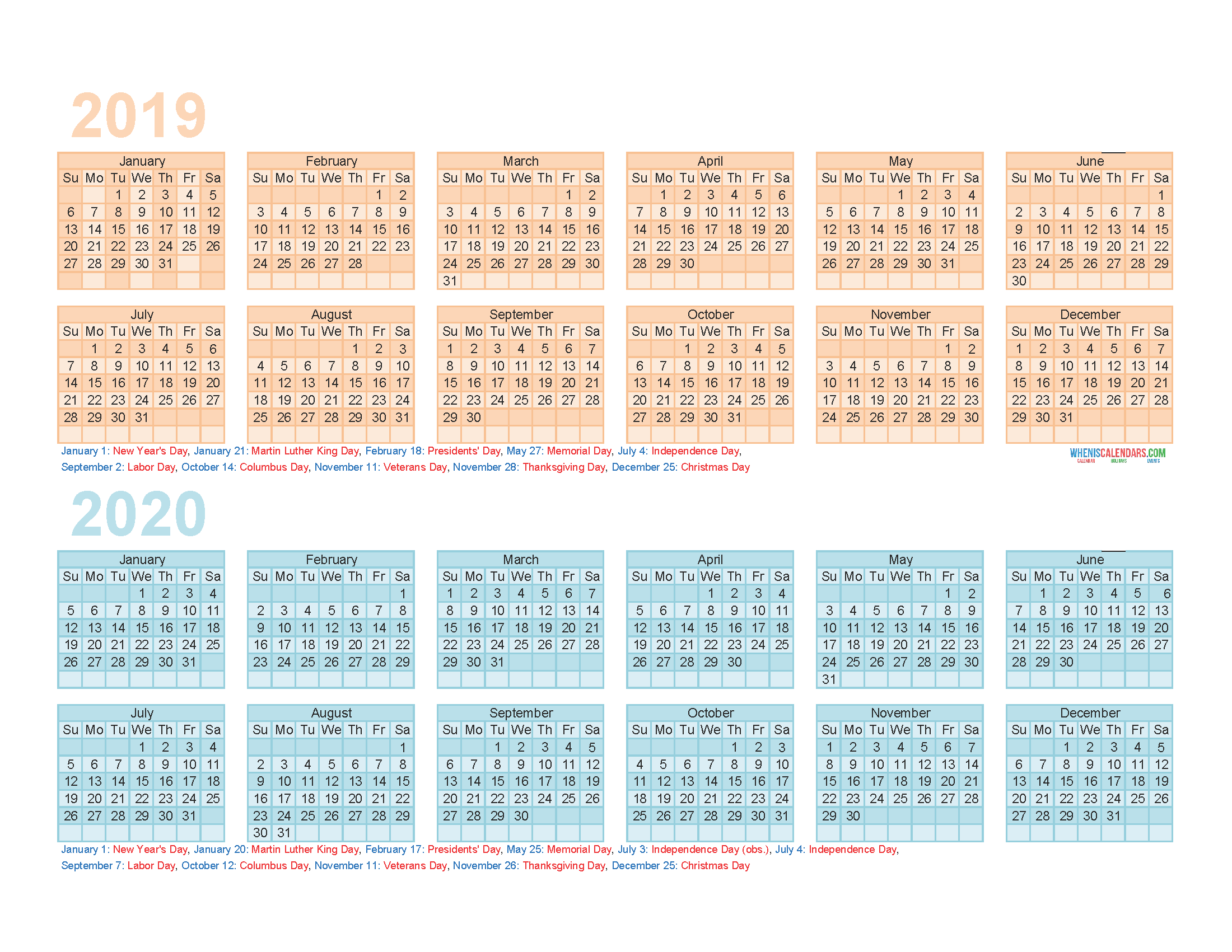 Free 2019 and 2020 Calendar Printable 2 Year Calendar