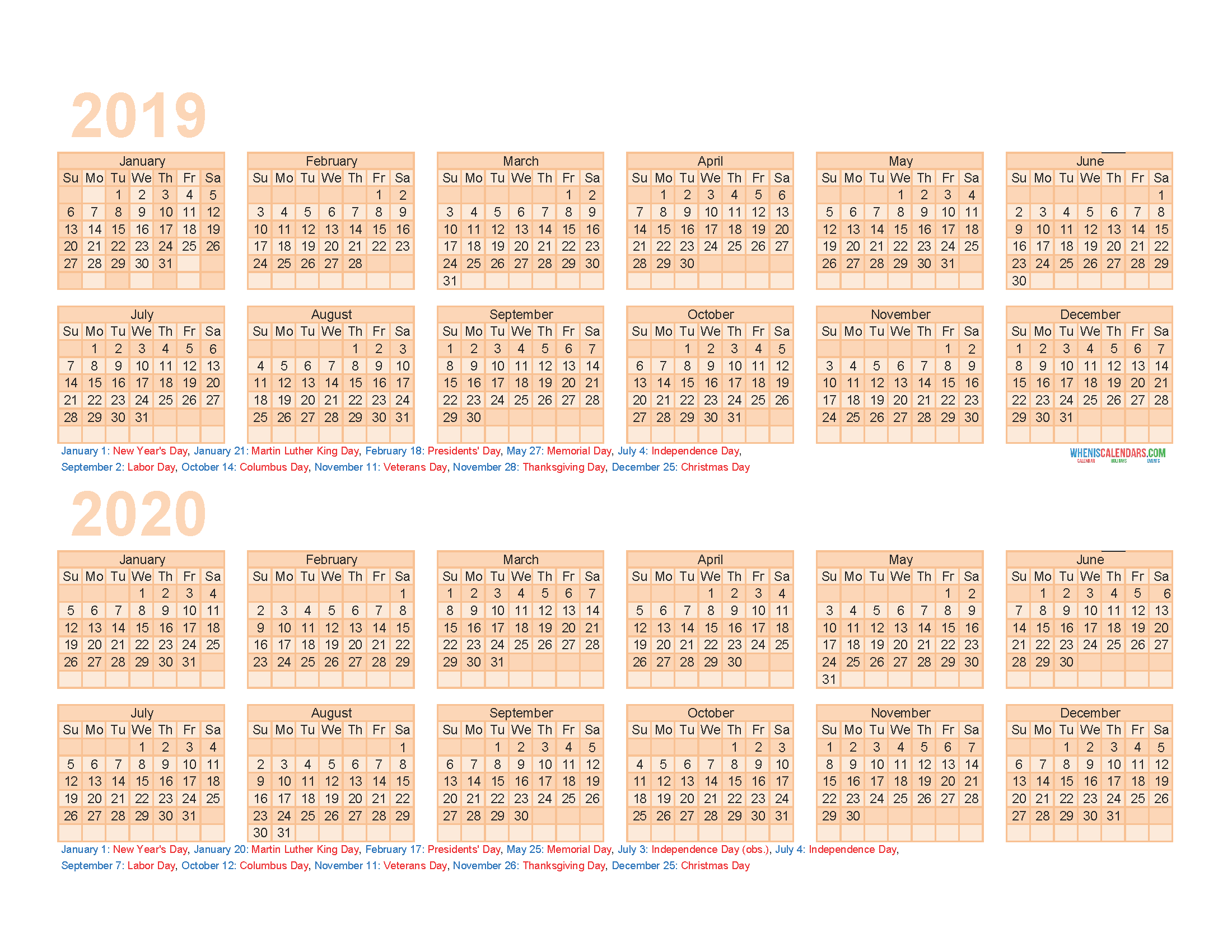2019 and 2020 Calendar Printable with Holidays Excel, PDF