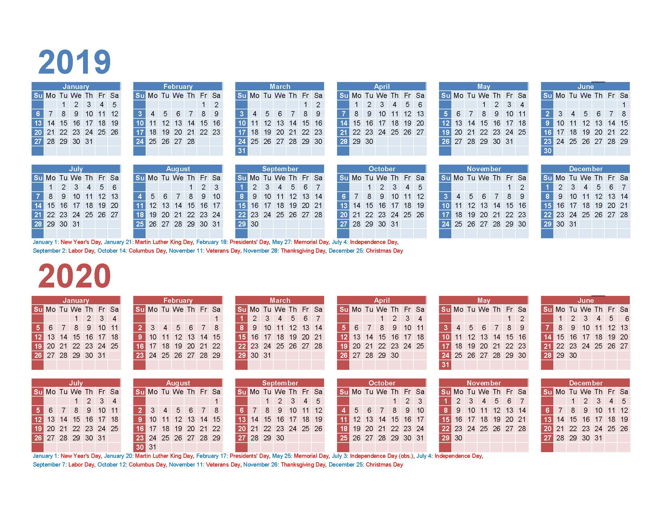 Printable Calendar 2019 2020 Two Year Per Page Excel, PDF