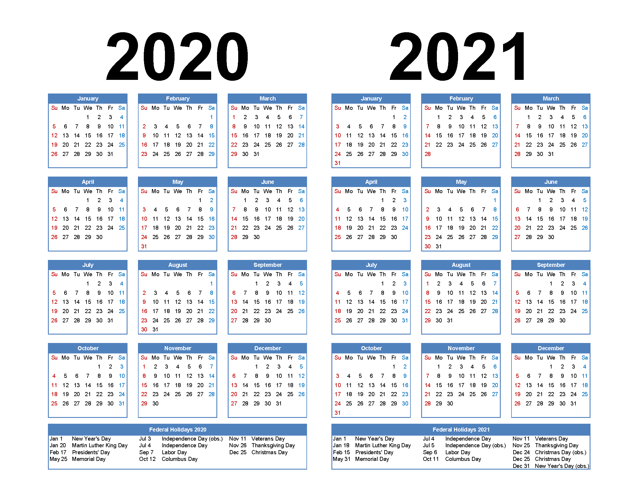 2020 and 2021 Calendar Printable Free Download Word, PDF, Image
