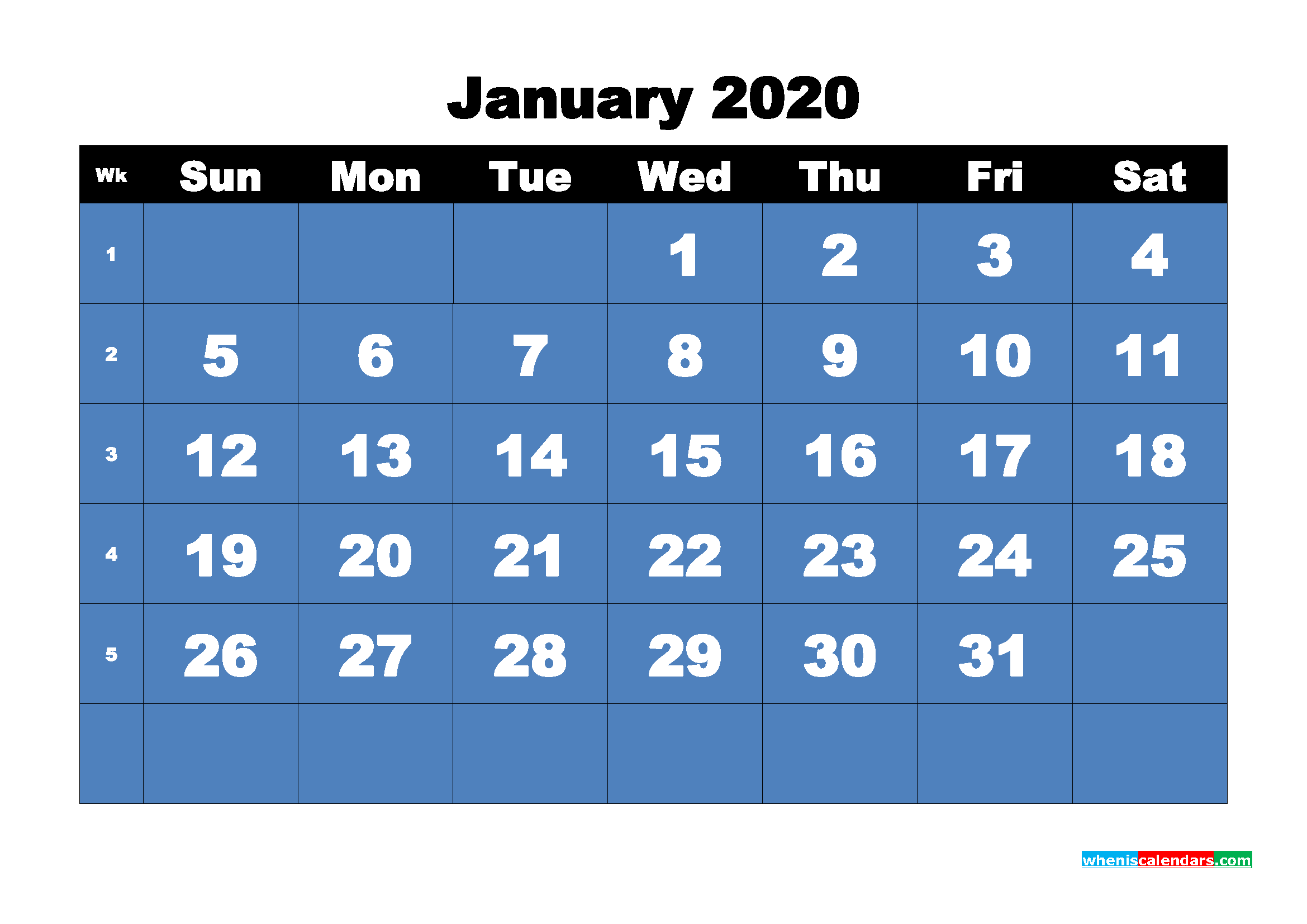 Printable 2020 Monthly Calendar with Week Numbers January