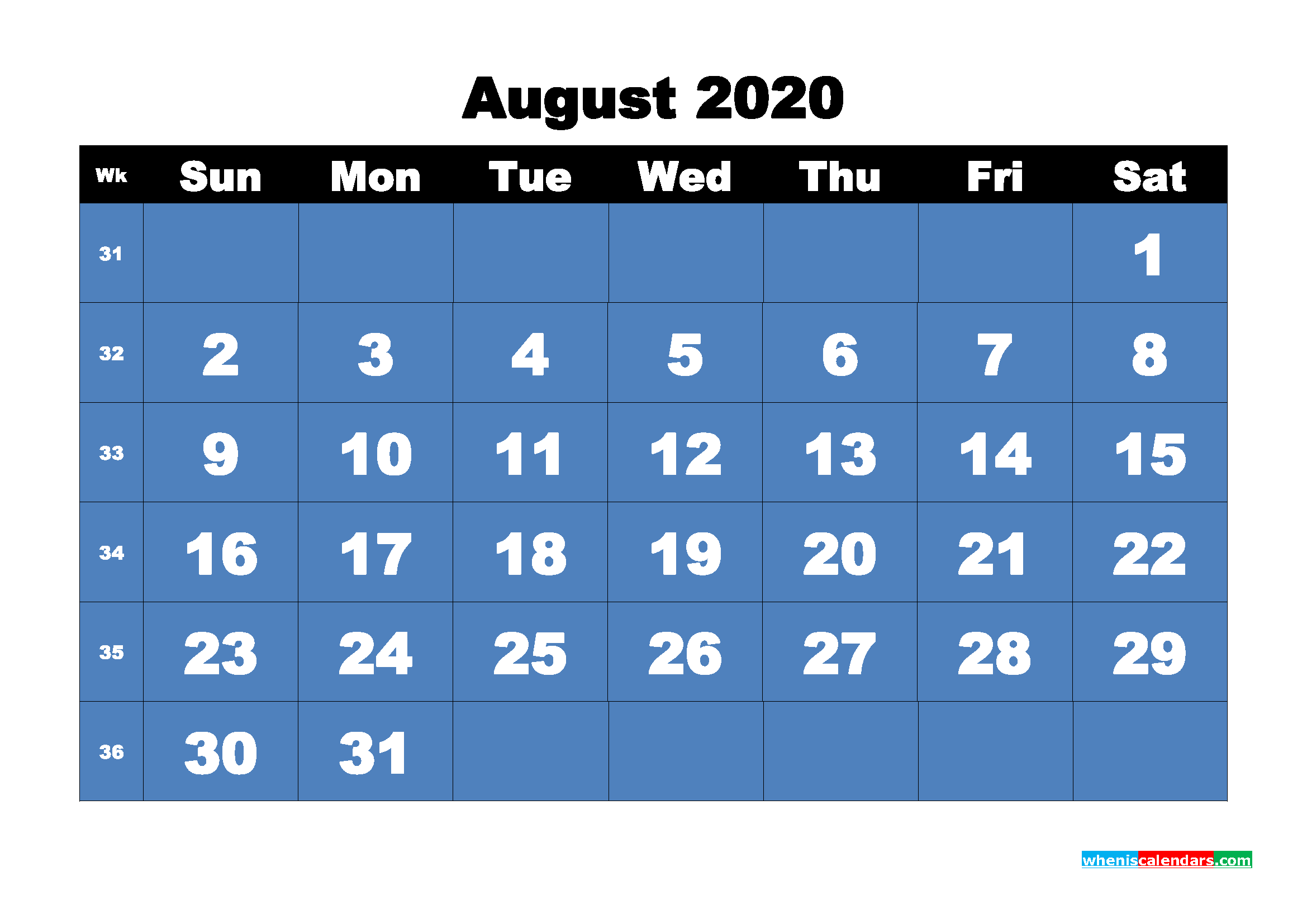 Blank August 2020 Calendar Printable Landscape Layout