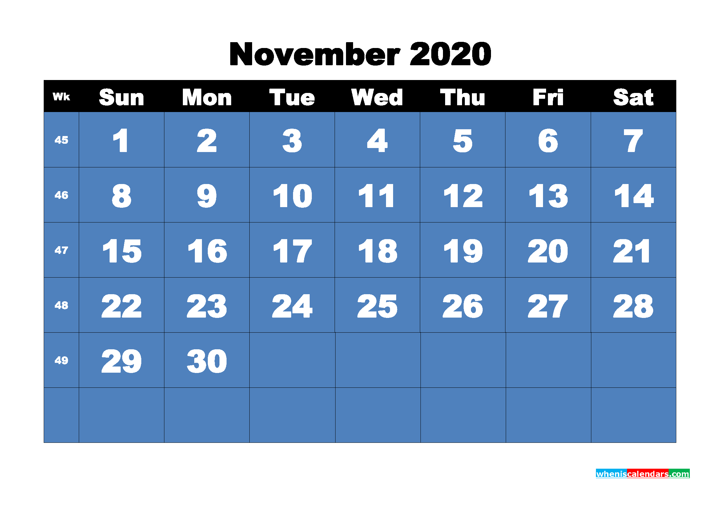 Printable 2020 Monthly Calendar with Week Numbers November