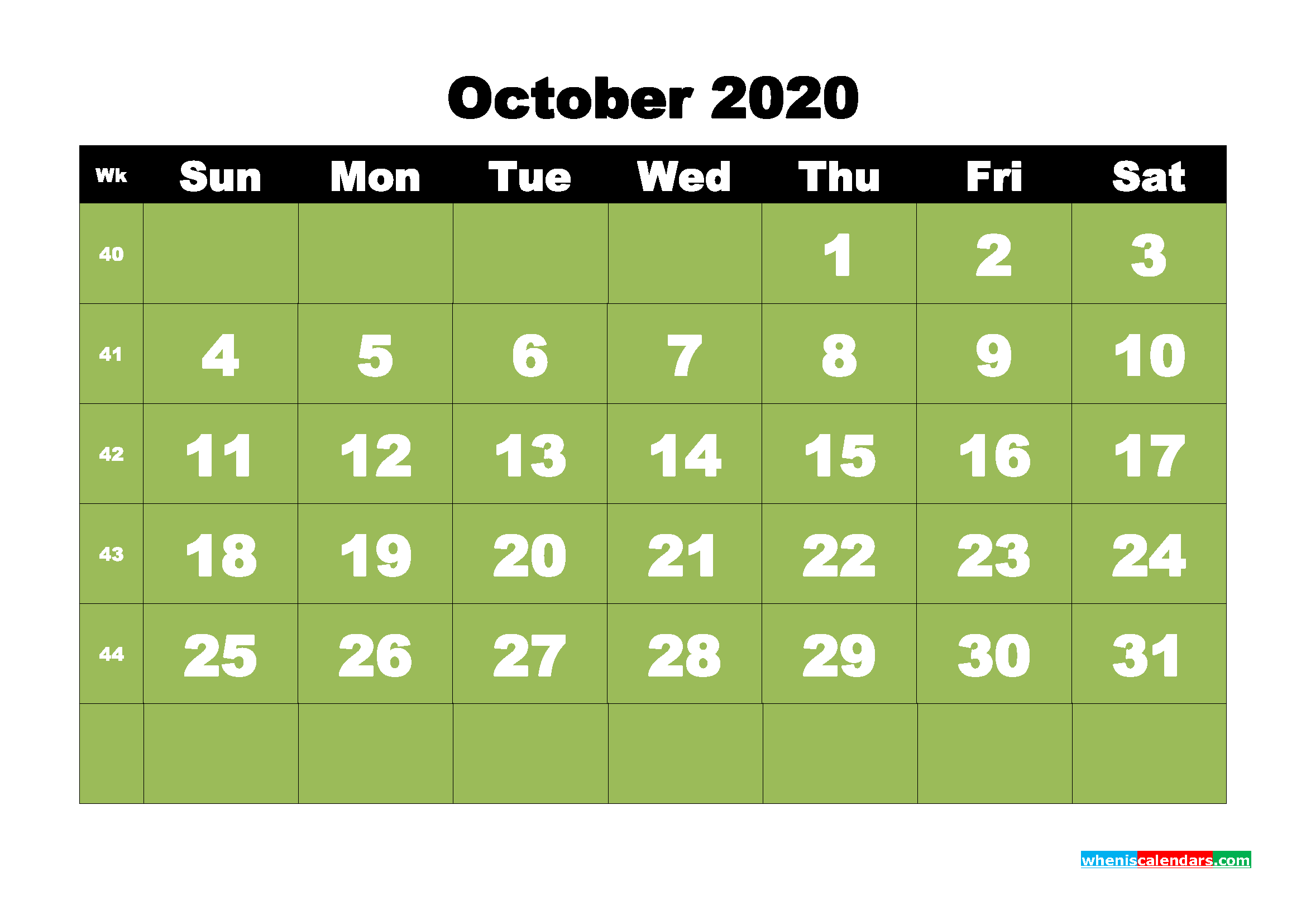October 2020 Blank Calendar Printable Landscape Layout