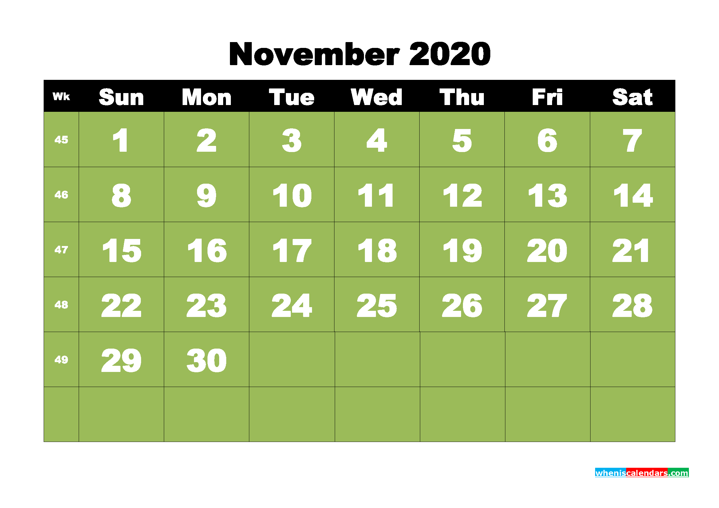 Printable Monthly Calendar 2020 November with Week Numbers